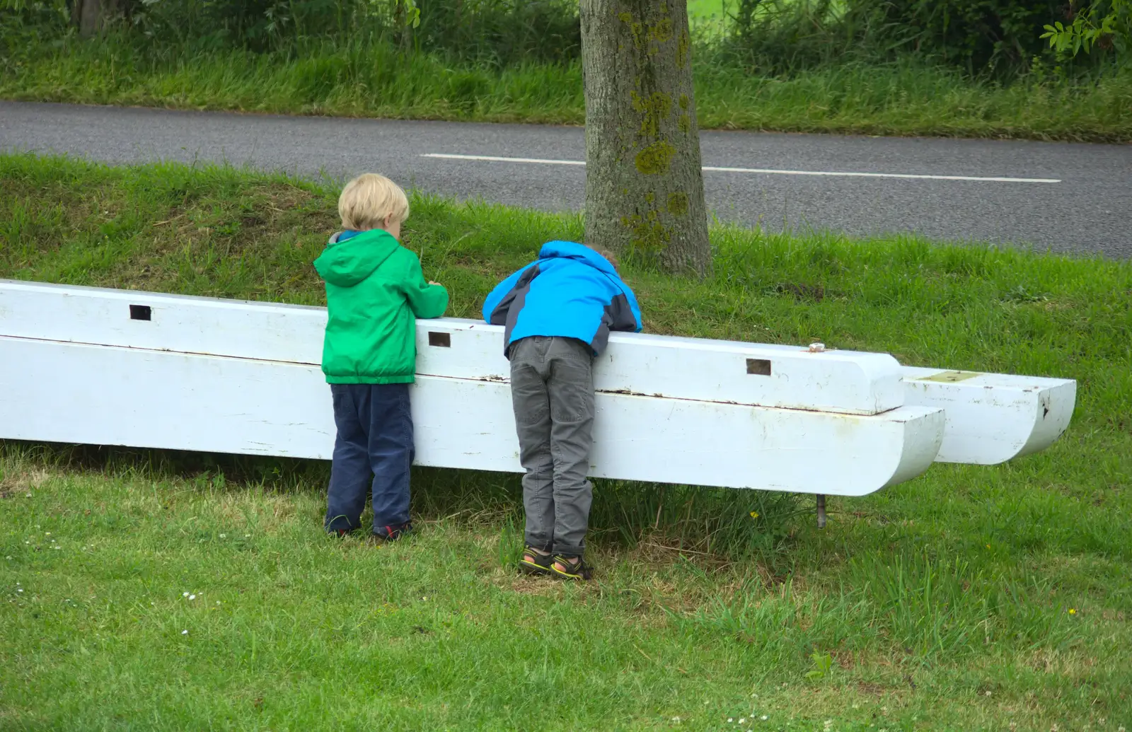 Harry and Fred lean over the sail posts, from A Wet Weekend of Camping, Waxham Sands, Norfolk - 13th June 2015