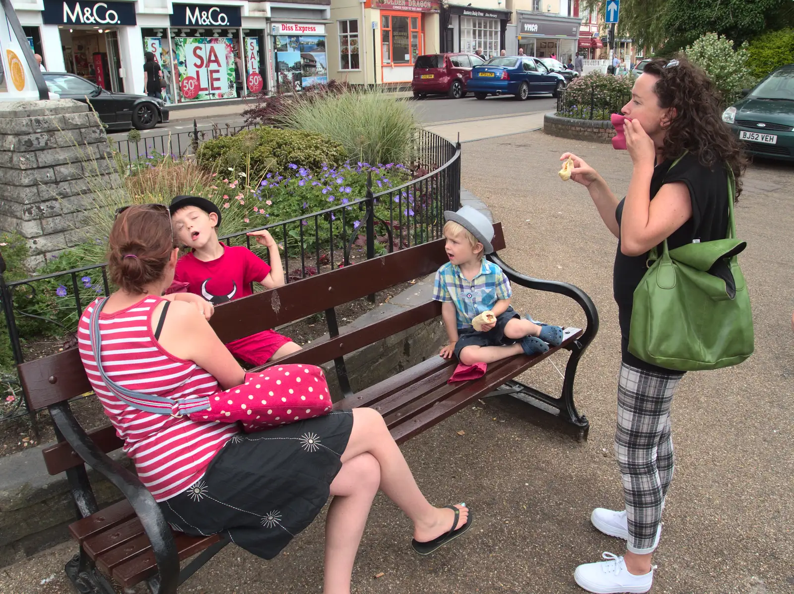 Eating sausages by the Mere, from A visit from Da Gorls, Brome, Suffolk - 27th June 2015