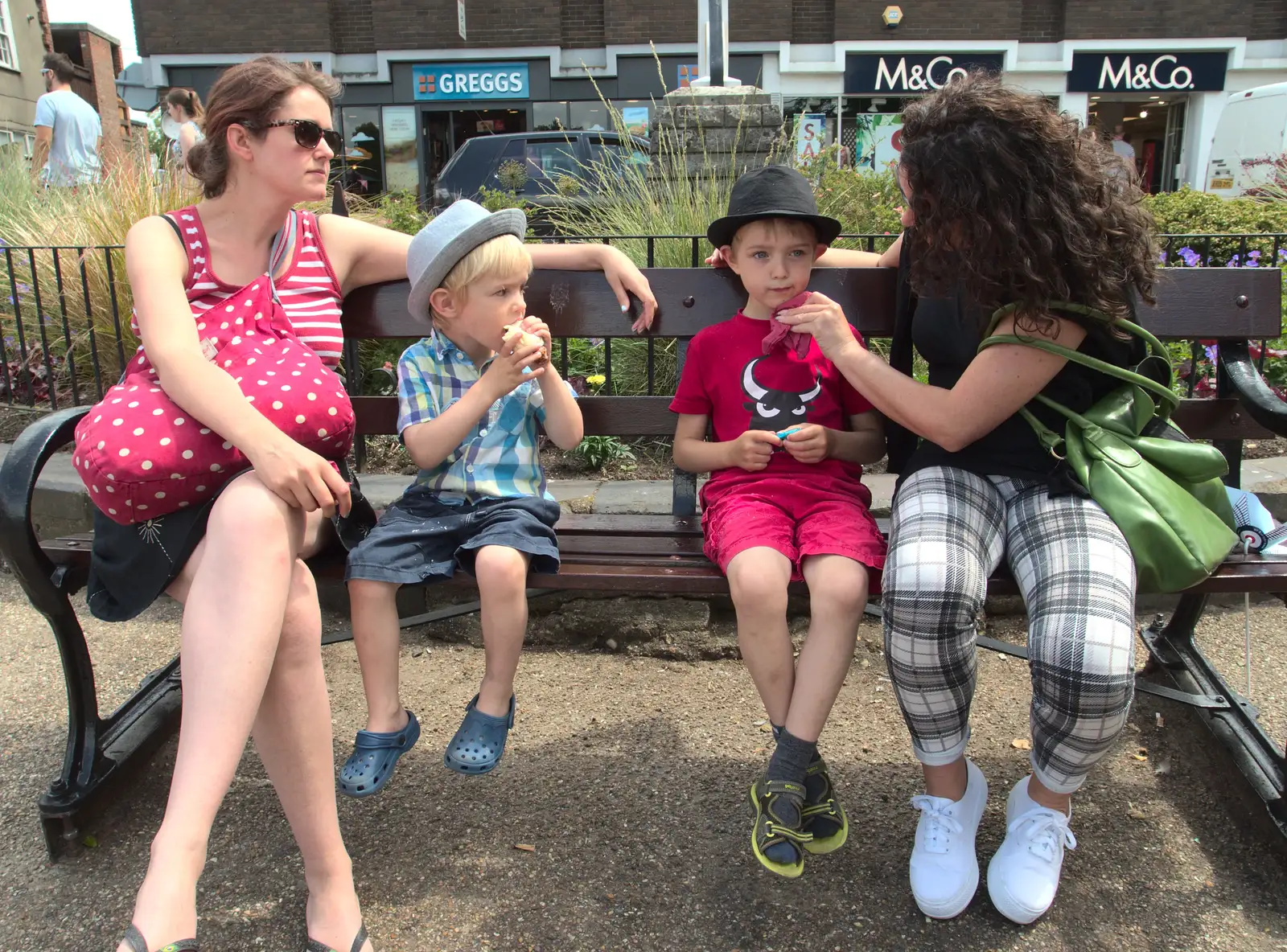 On the bench by the town sign, from A visit from Da Gorls, Brome, Suffolk - 27th June 2015