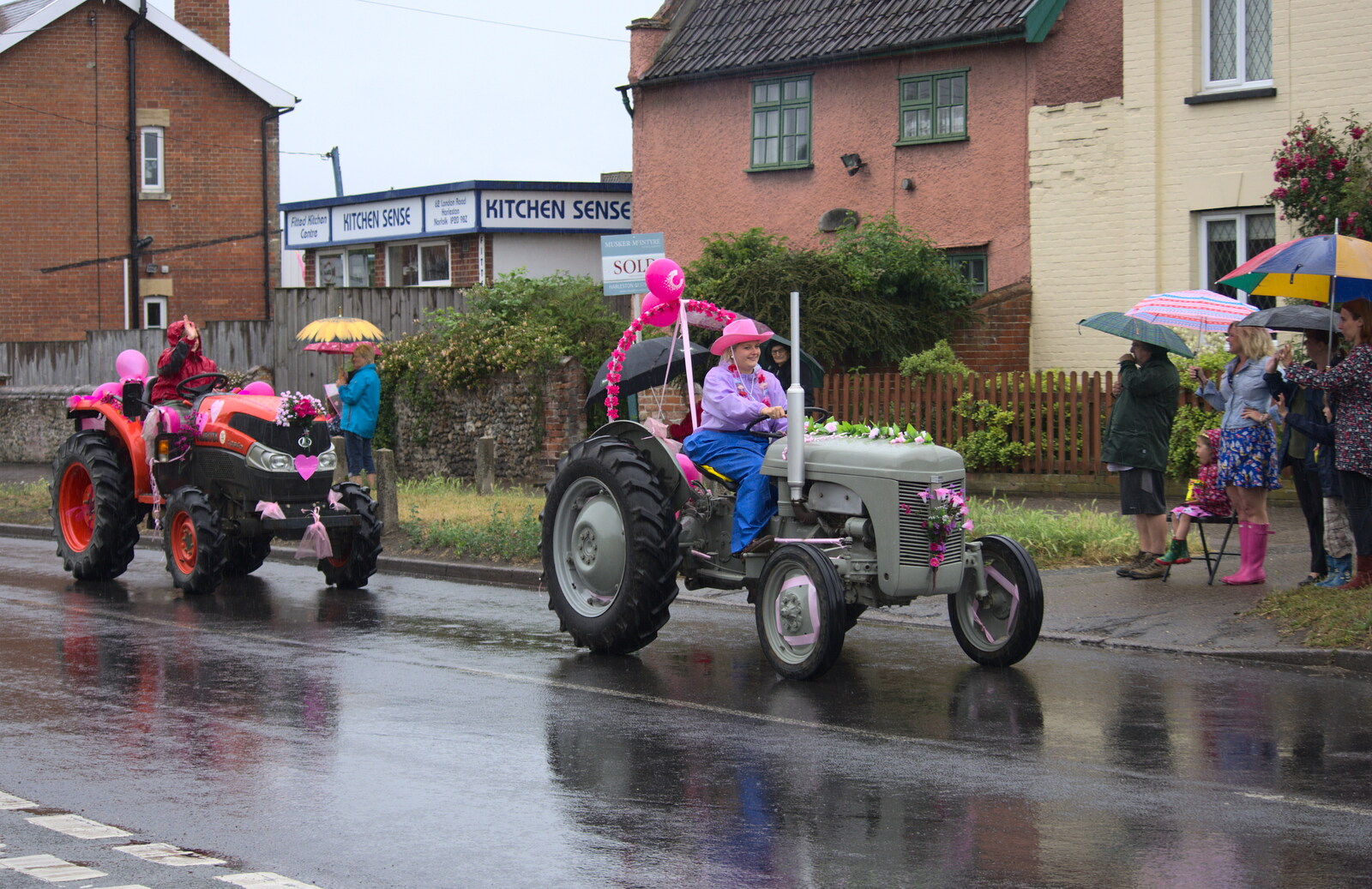 Tractors on wet roads from The Pink Ladies Tractor Run, Harleston and Gawdy Park, Norfolk - 5th July 2015