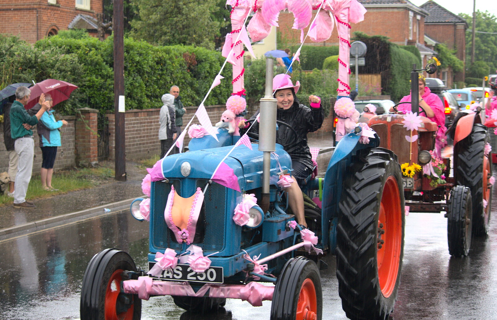 Rachel does a power salute from The Pink Ladies Tractor Run, Harleston and Gawdy Park, Norfolk - 5th July 2015
