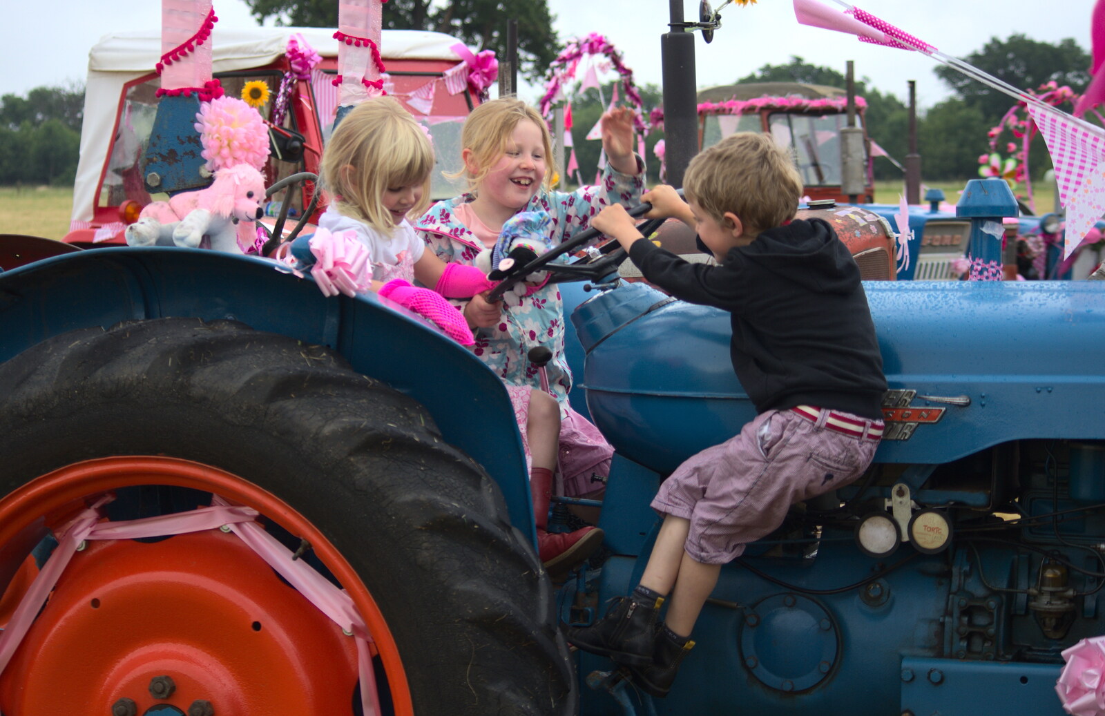 Grace, Lydia and Fred on the tractor from The Pink Ladies Tractor Run, Harleston and Gawdy Park, Norfolk - 5th July 2015
