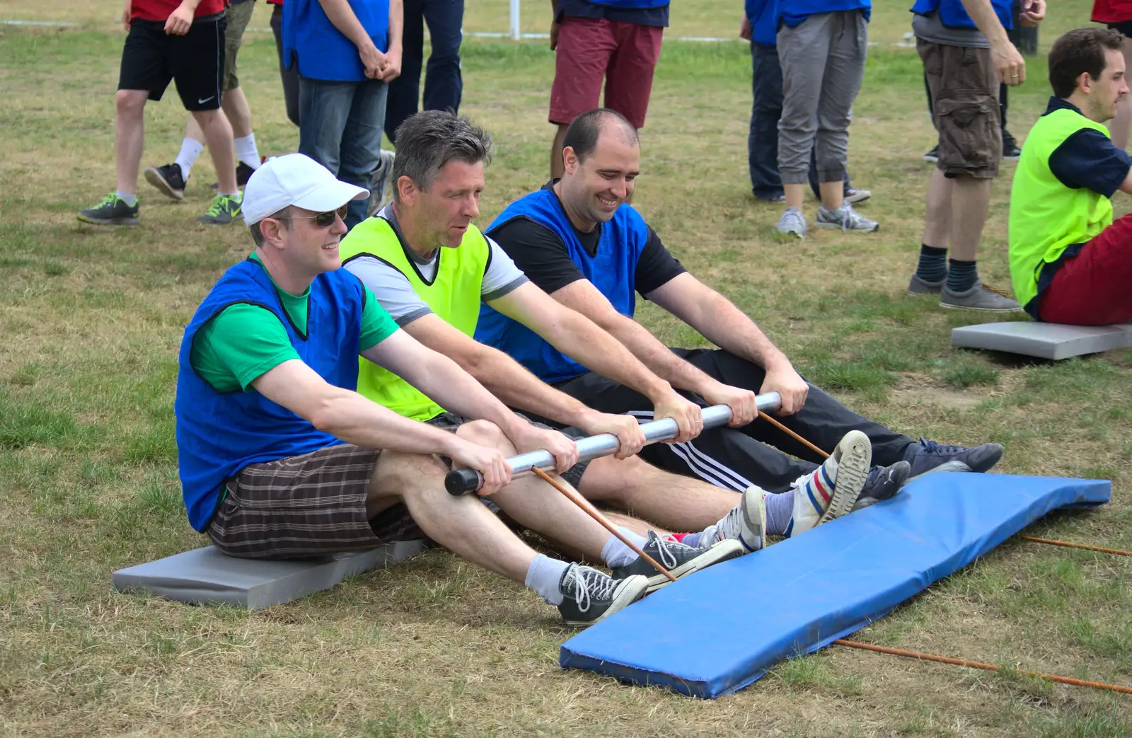 Mike, Steve and Michele practice their rowing, from It's a SwiftKey Knockout, Richmond Rugby Club, Richmond, Surrey - 7th July 2015