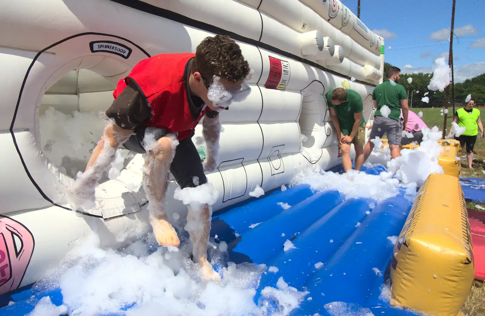 Adam exits, covered in foam, from It's a SwiftKey Knockout, Richmond Rugby Club, Richmond, Surrey - 7th July 2015