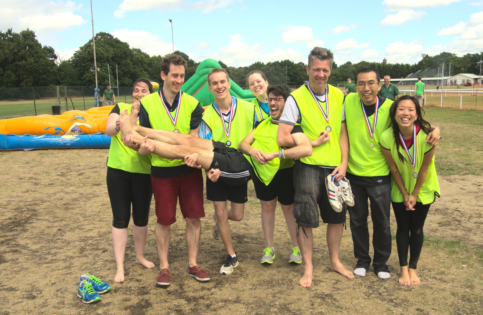 Thomas is held up by the yellow team from It's a SwiftKey Knockout, Richmond Rugby Club, Richmond, Surrey - 7th July 2015