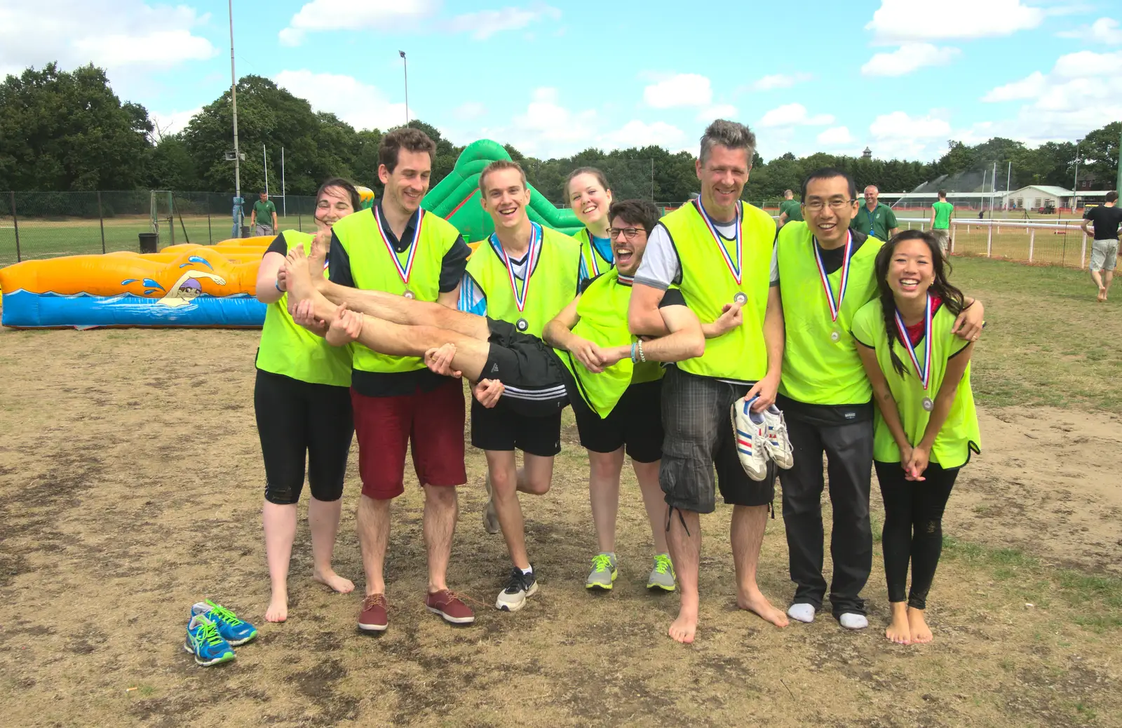 Thomas is held up by the yellow team, from It's a SwiftKey Knockout, Richmond Rugby Club, Richmond, Surrey - 7th July 2015