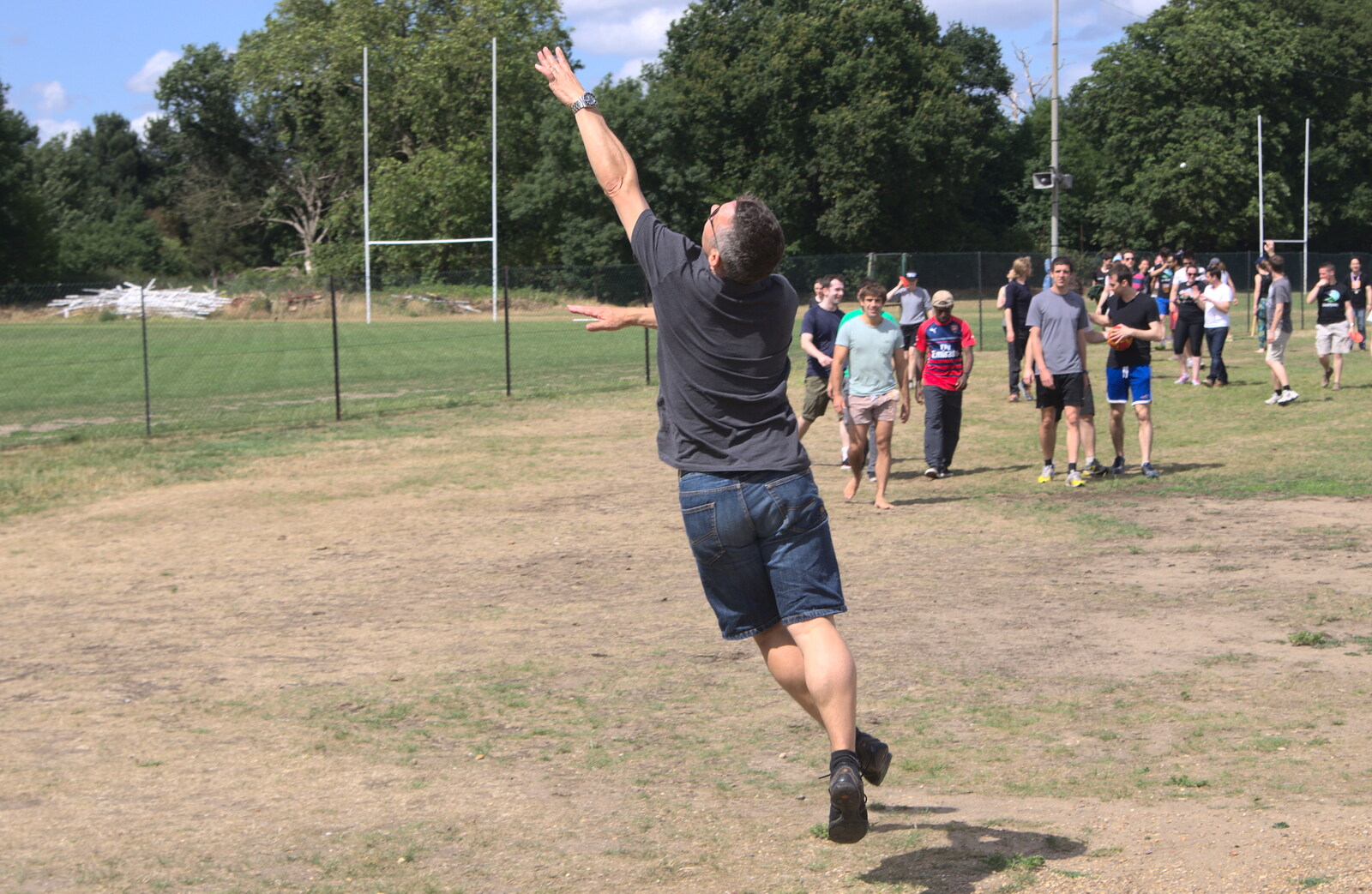 Nick bounces up to catch a Frisbee from It's a SwiftKey Knockout, Richmond Rugby Club, Richmond, Surrey - 7th July 2015