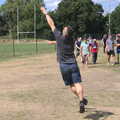 Nick bounces up to catch a Frisbee, It's a SwiftKey Knockout, Richmond Rugby Club, Richmond, Surrey - 7th July 2015