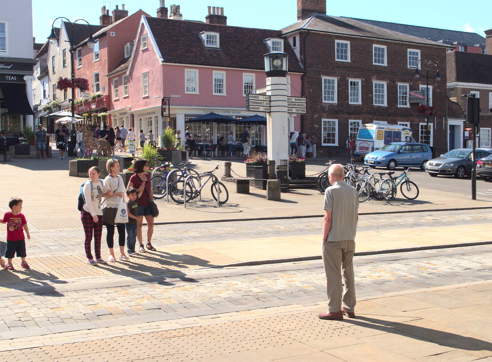 Grandad waits to cross the road from The BBs at Bacton, and Abbey Gardens, Bury St. Edmunds, Suffolk - 19th July 2015