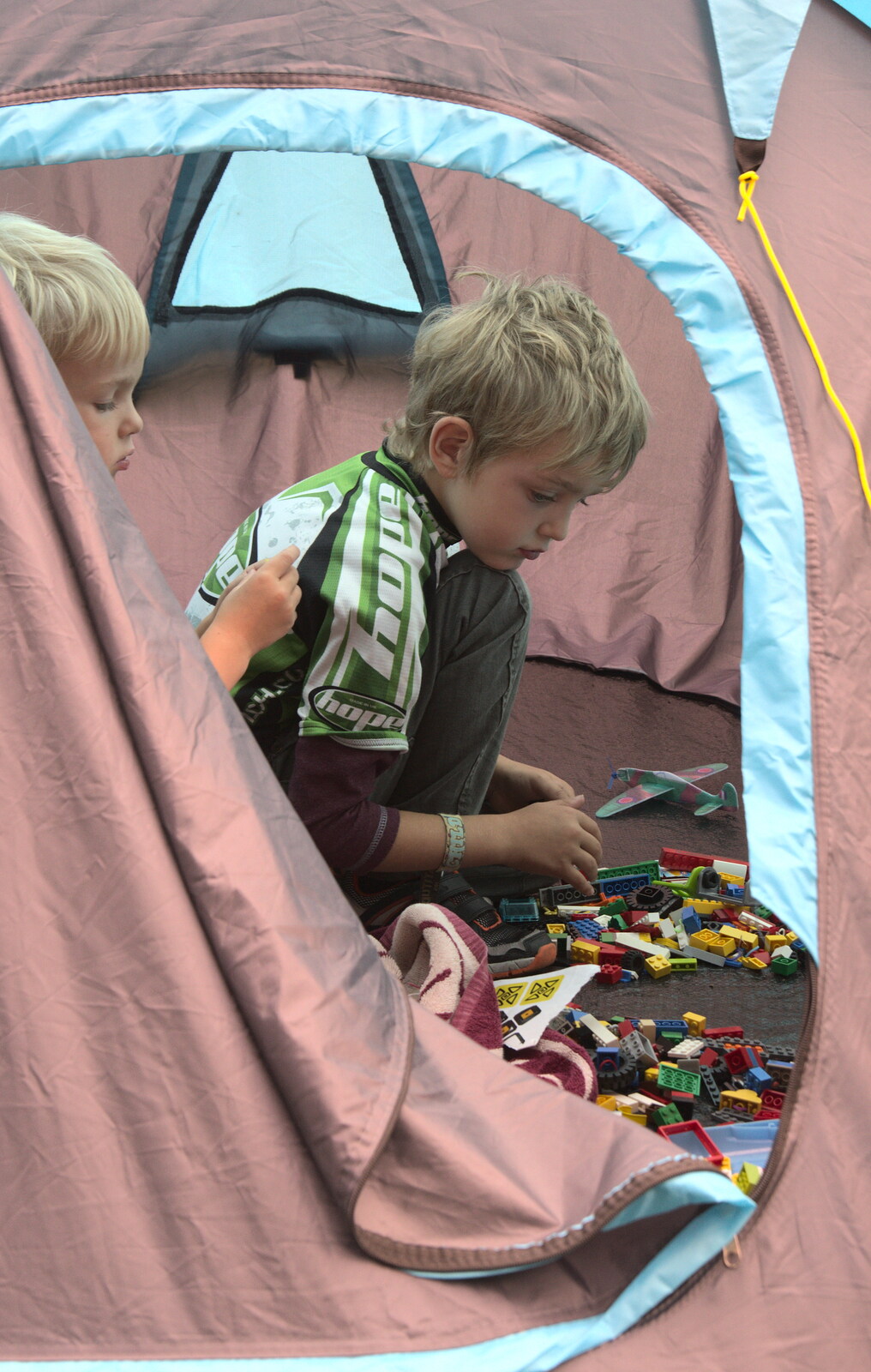 The boys do Lego in a tent from The Archaeology of Dunwich: A Camping Trip, Dunwich, Suffolk - 1st August 2015