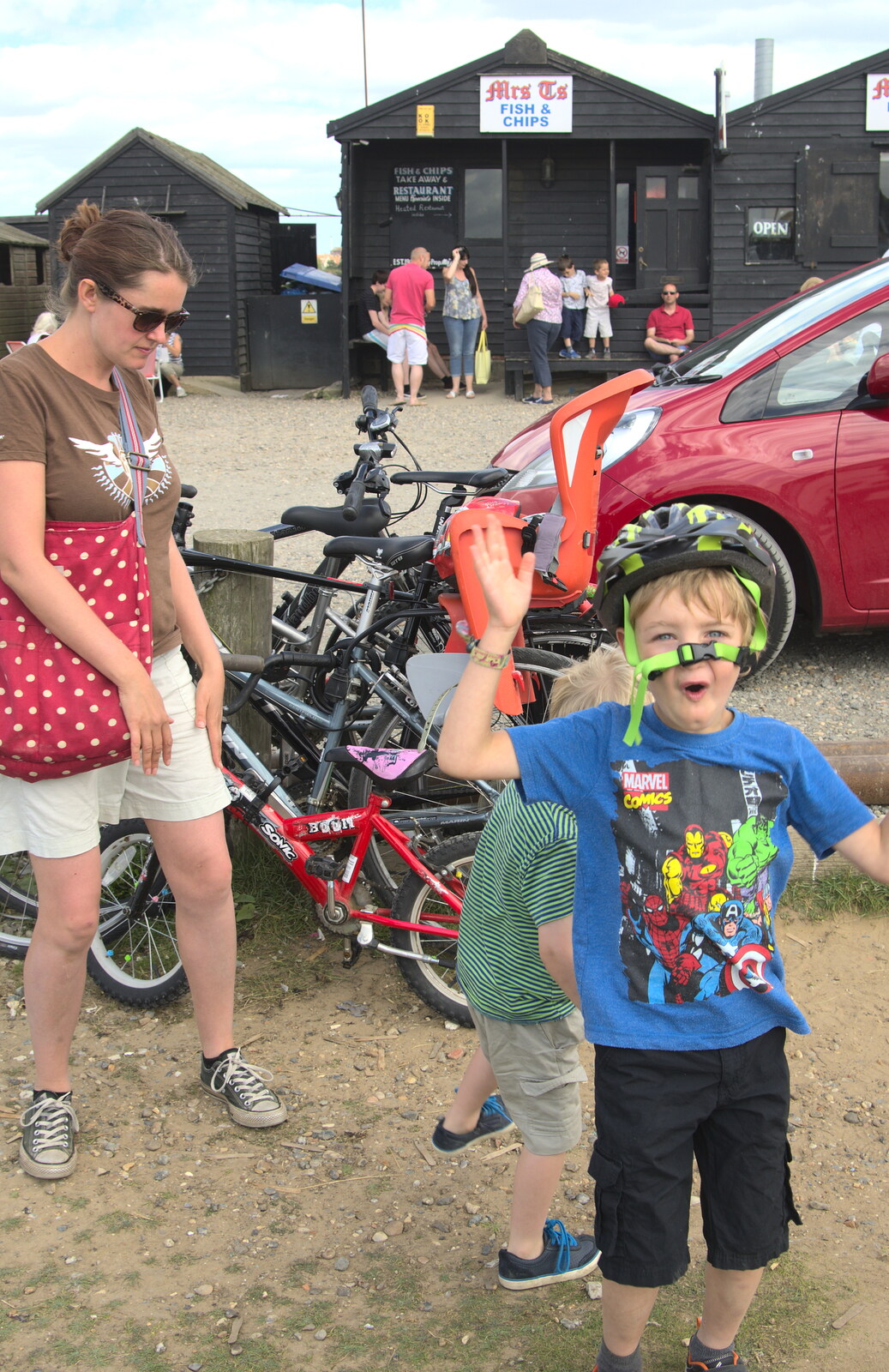 Fred gets tangled in a cycle helmet from The Danger of Trees: A Camping (Mis)adventure - Southwold, Suffolk - 3rd August 2015