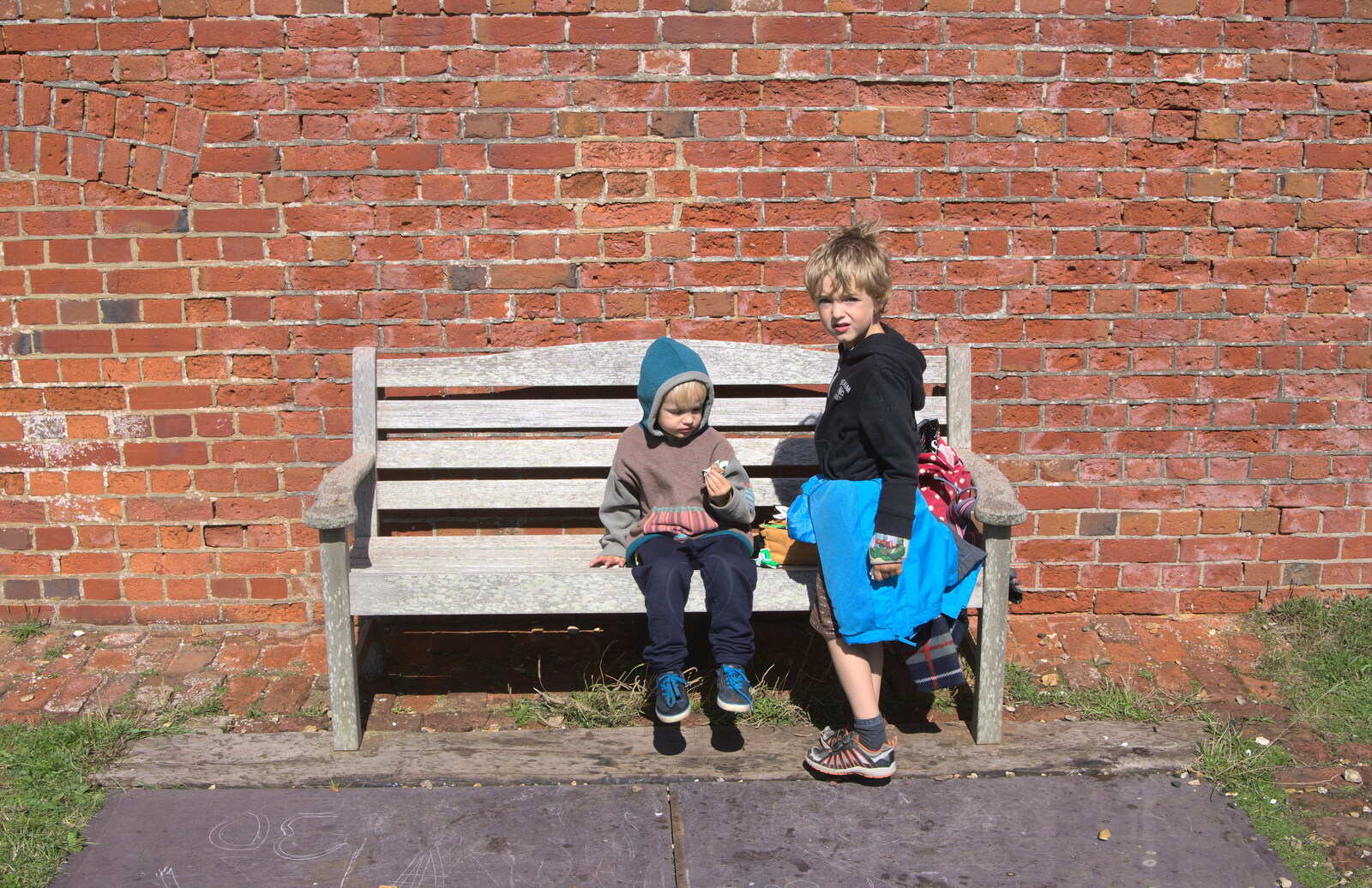 Harry and Fred on a bench from A Trip to Hurst Castle, Keyhaven, Hampshire - 28th August 2015