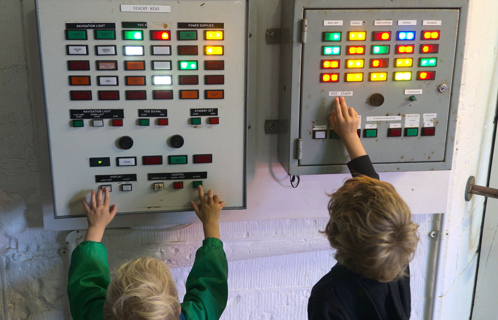 The boys play with a lighthouse control panel from A Trip to Hurst Castle, Keyhaven, Hampshire - 28th August 2015