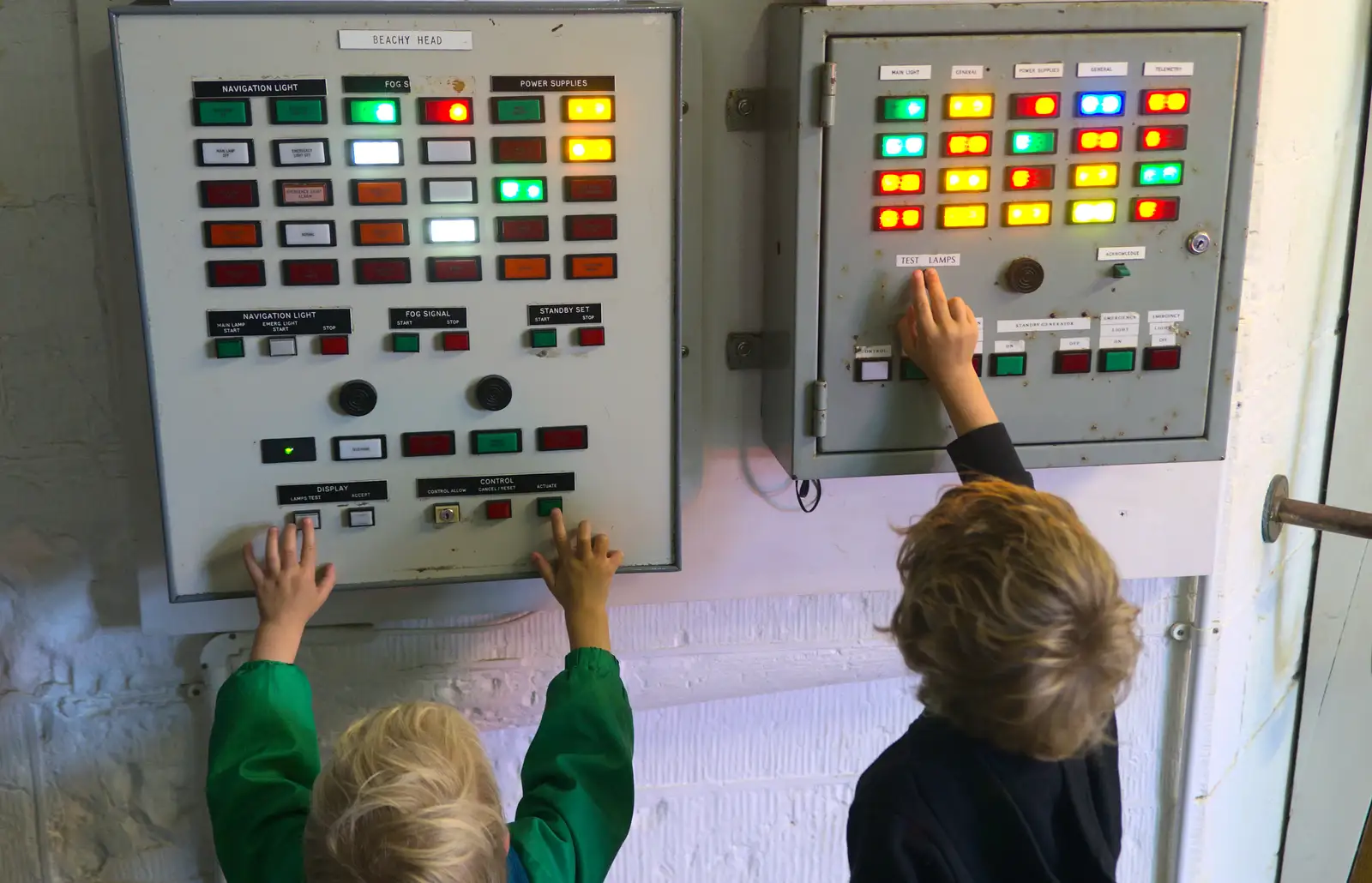 The boys play with a lighthouse control panel, from A Trip to Hurst Castle, Keyhaven, Hampshire - 28th August 2015