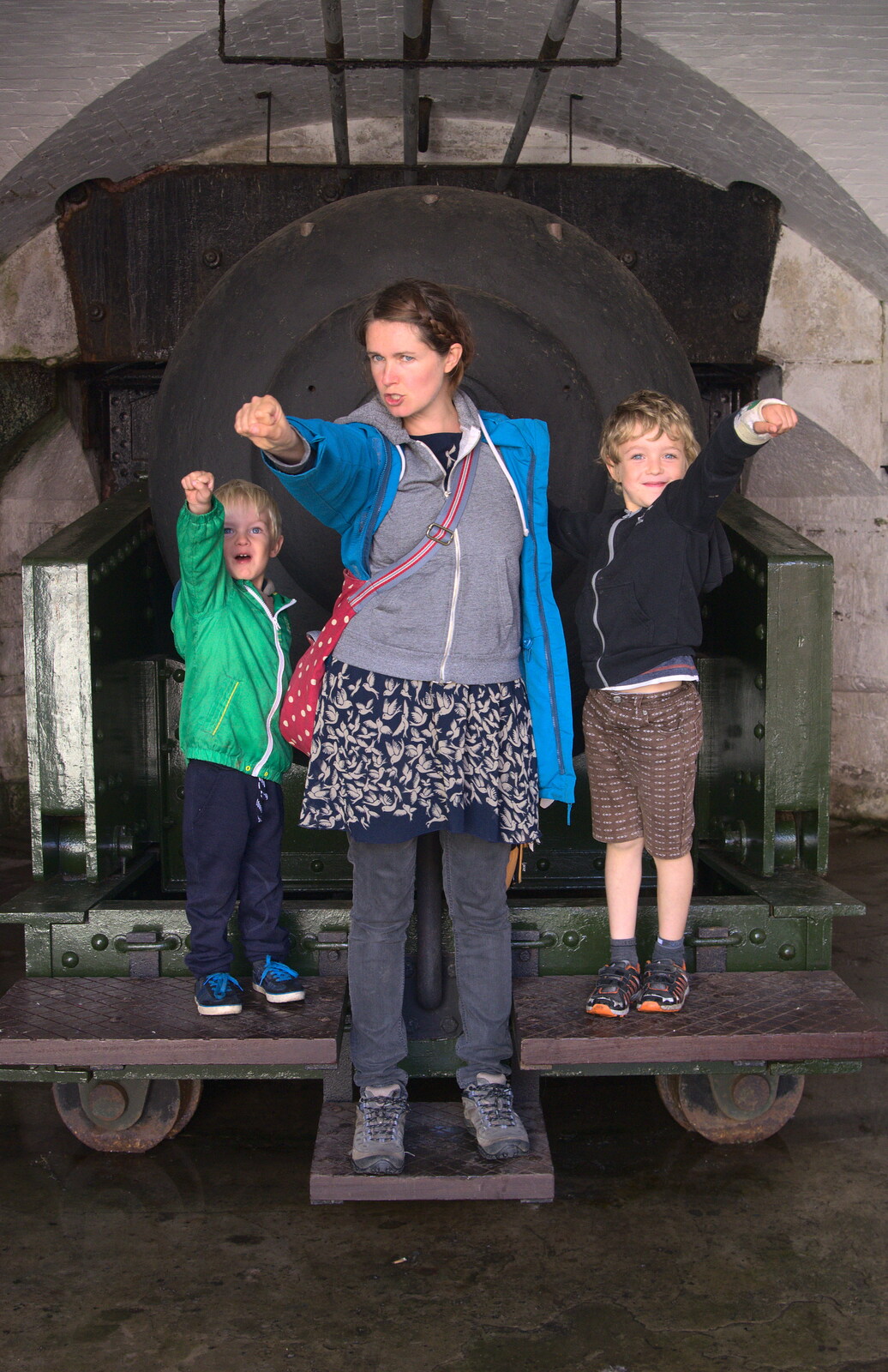 Isobel and the boys do a super-hero pose from A Trip to Hurst Castle, Keyhaven, Hampshire - 28th August 2015