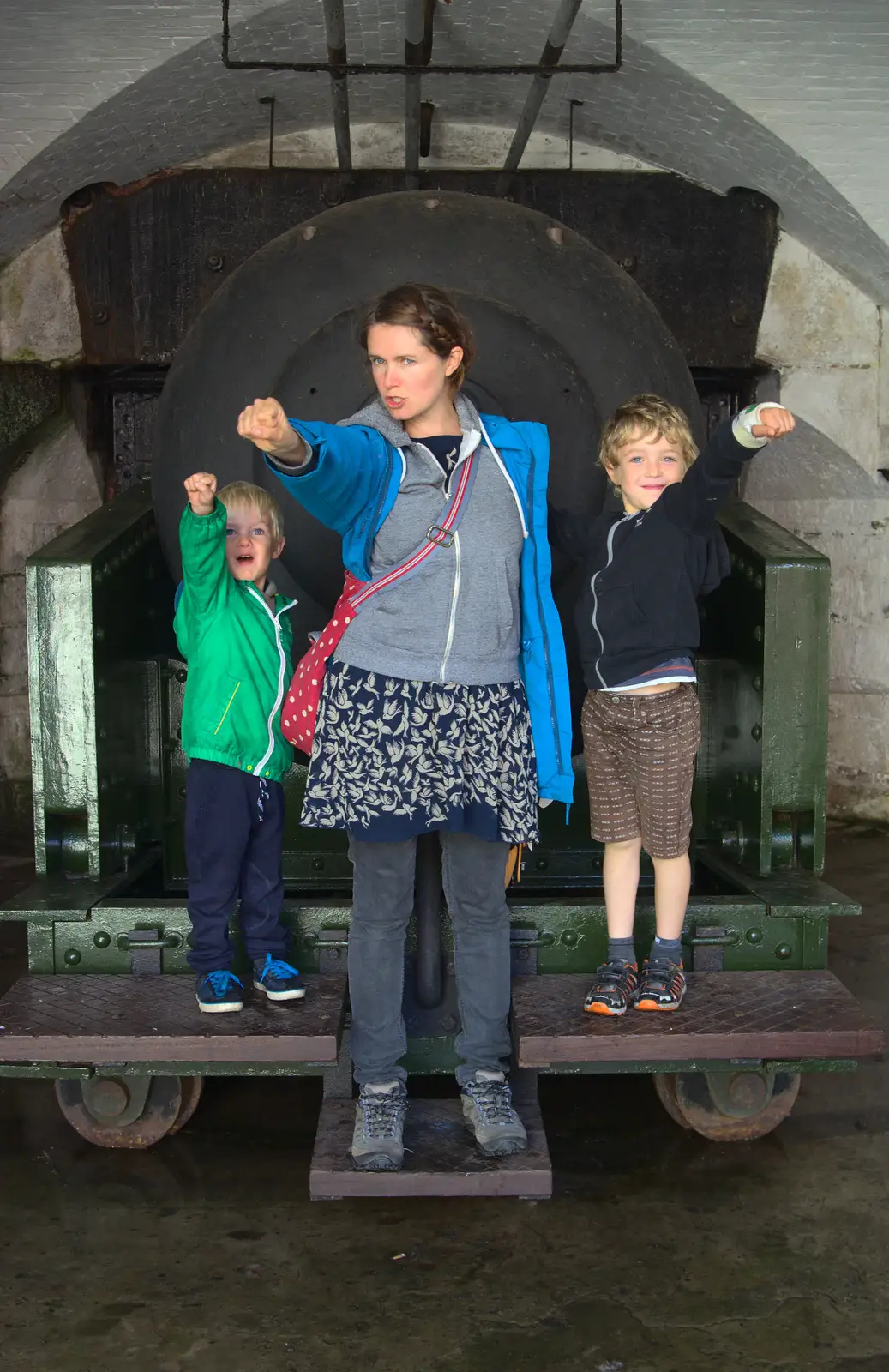 Isobel and the boys do a super-hero pose, from A Trip to Hurst Castle, Keyhaven, Hampshire - 28th August 2015