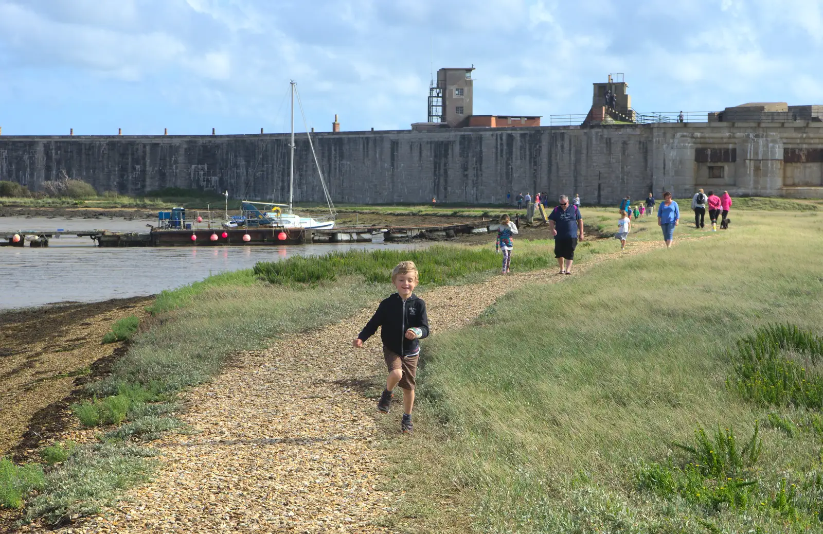 Fred runs down to the ferry, from A Trip to Hurst Castle, Keyhaven, Hampshire - 28th August 2015