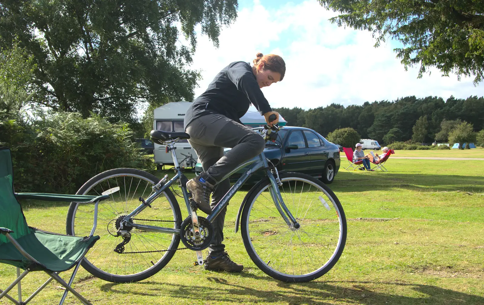 Isobel tries her bike out, from Camping at Roundhills, Brockenhurst, New Forest, Hampshire - 29th August 2015