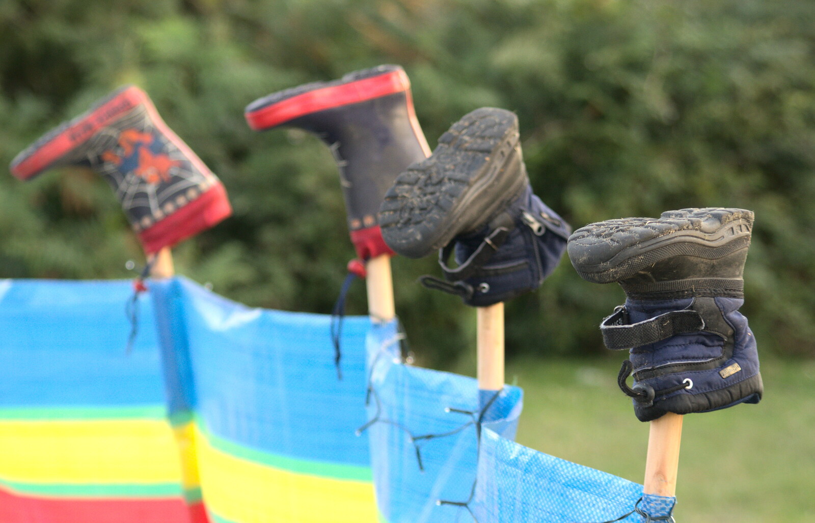 The boys' shoes are on sticks to dry from Camping at Roundhills, Brockenhurst, New Forest, Hampshire - 29th August 2015