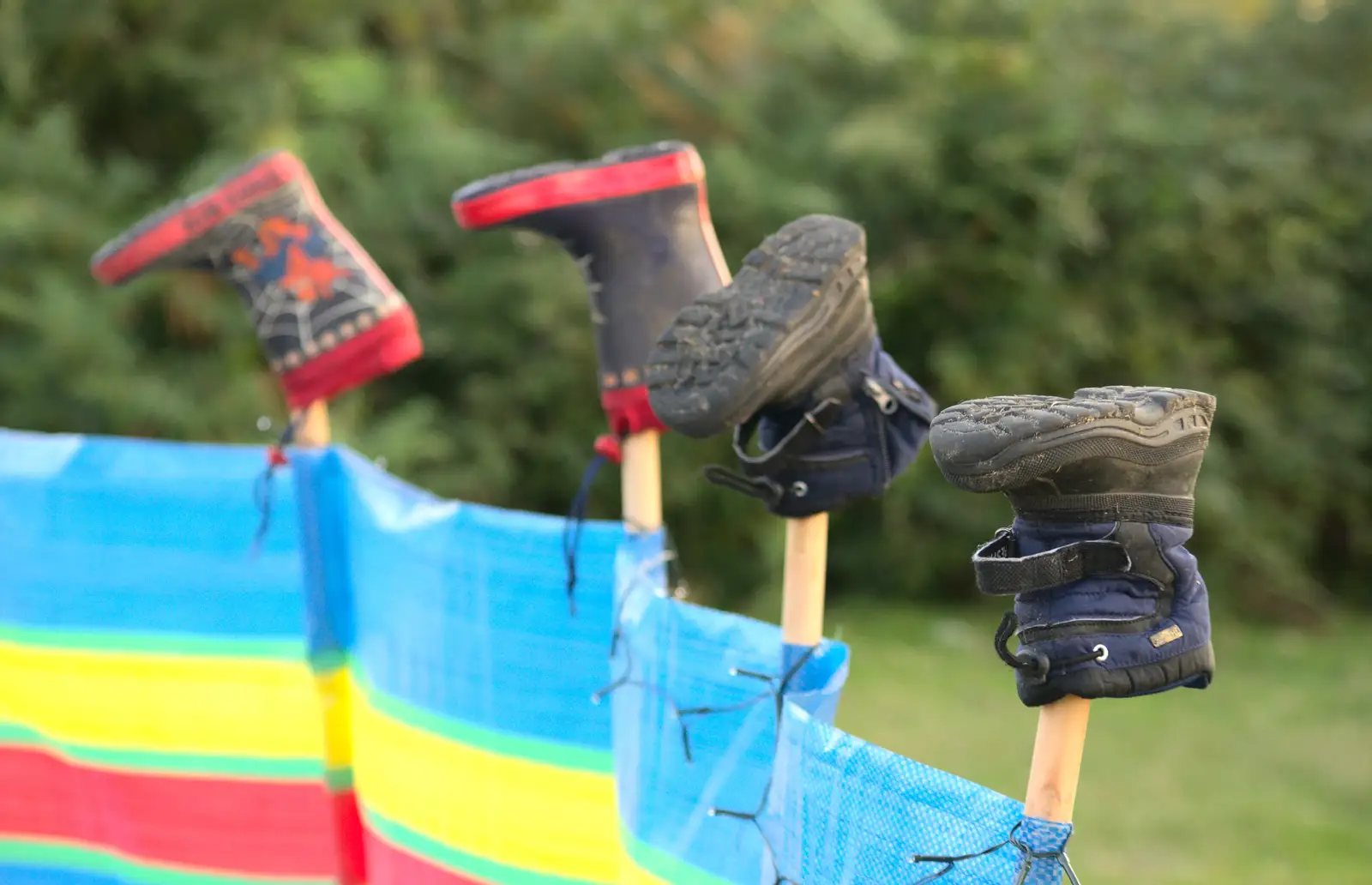 The boys' shoes are on sticks to dry, from Camping at Roundhills, Brockenhurst, New Forest, Hampshire - 29th August 2015