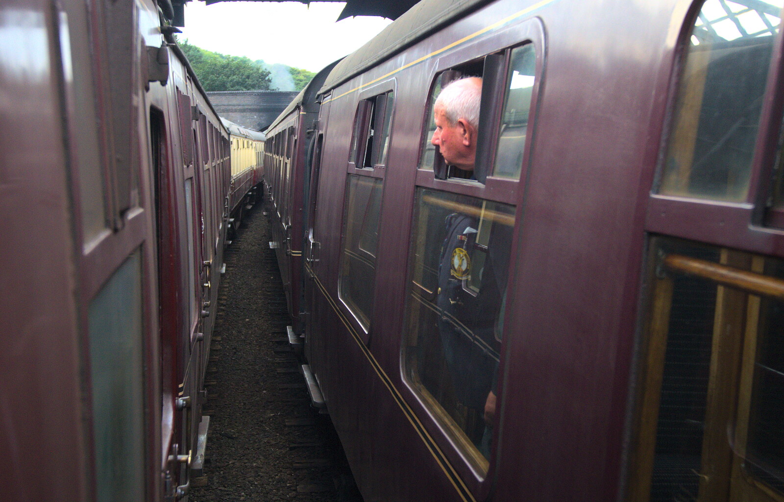 Two rakes of Maroon coachs meet at Weybourne from A Steamy 1940s Day Out, Holt and Sheringham, Norfolk - 20th September 2015