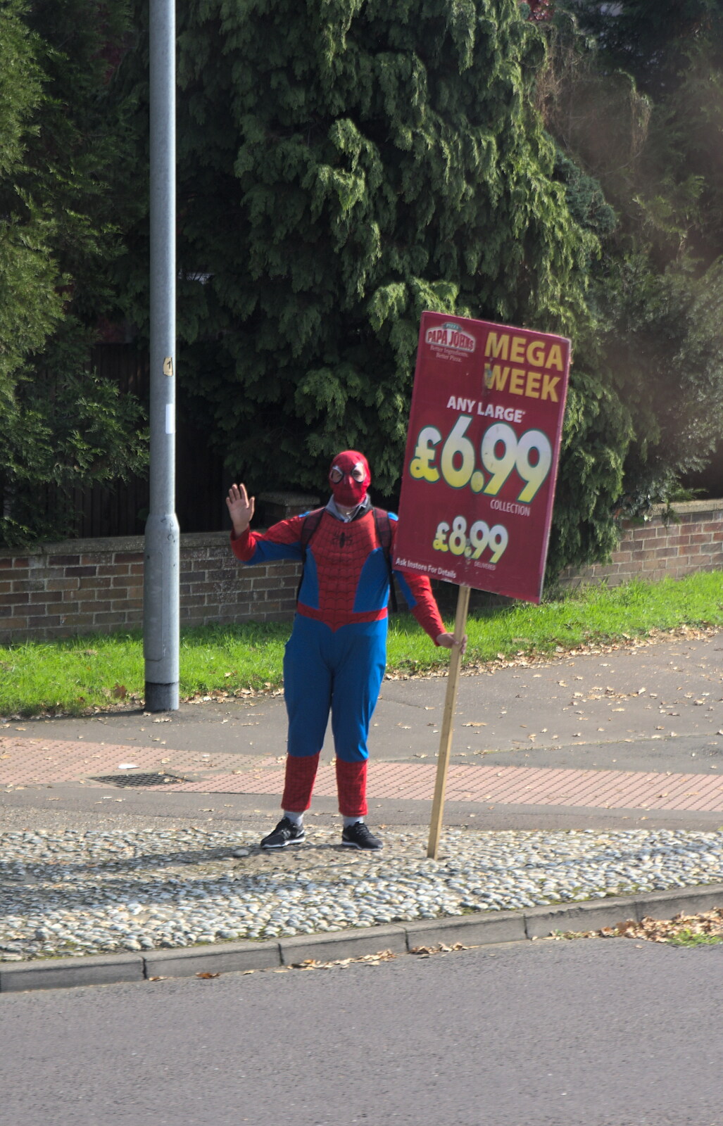 A very dodgy-looking Spider-Man advertises pizza from Fred's Lego, a Giant Clock, and a Trip to Norwich, Norfolk - 25th September 2015