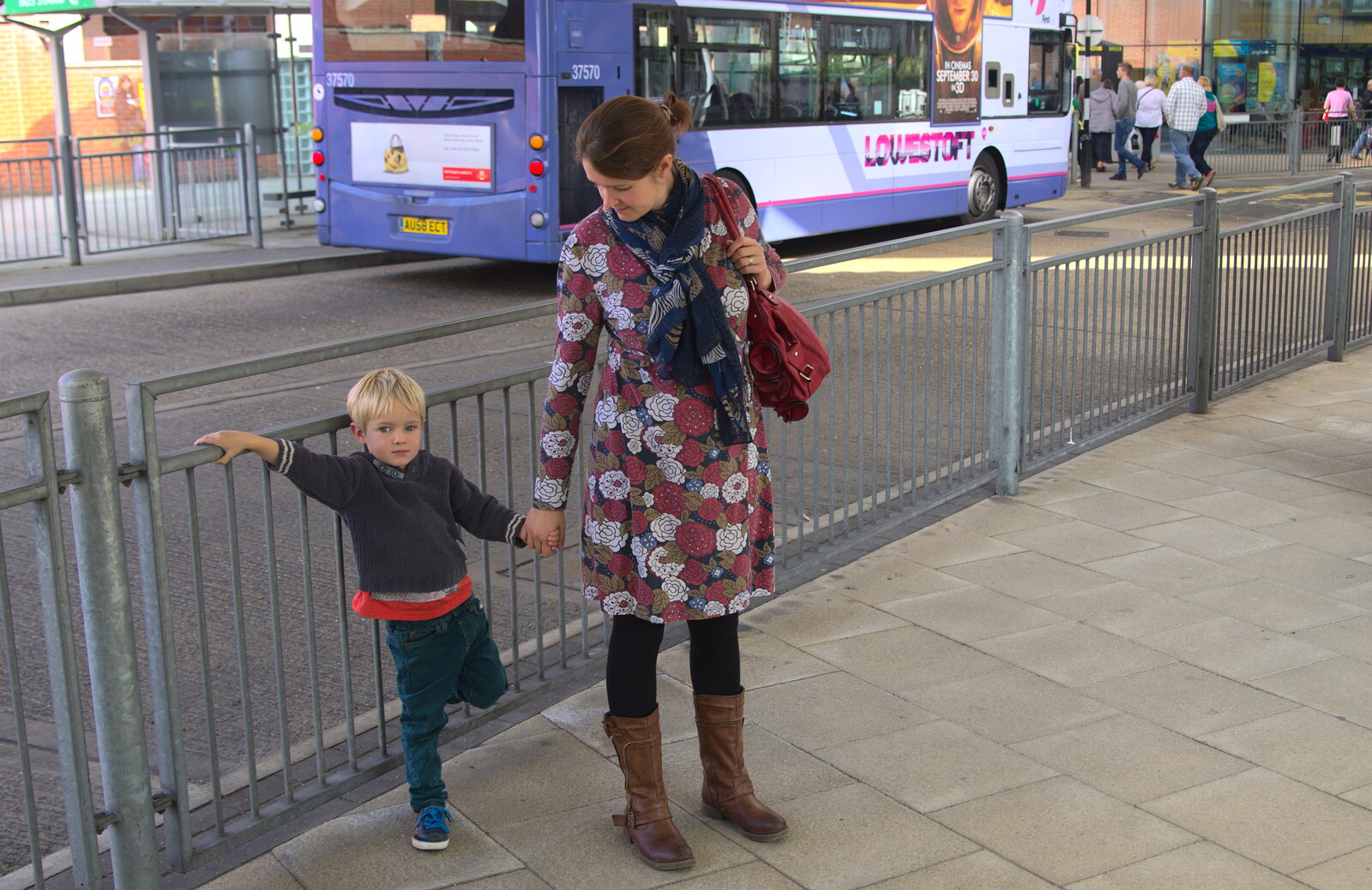 Harry and Isobel at Norwich bus station from Fred's Lego, a Giant Clock, and a Trip to Norwich, Norfolk - 25th September 2015
