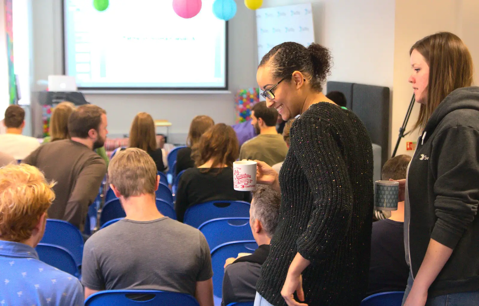 Precious sits down with a mug of tea, from SwiftKey Innovation Week, Southwark Bridge Road, London - 7th October 2015