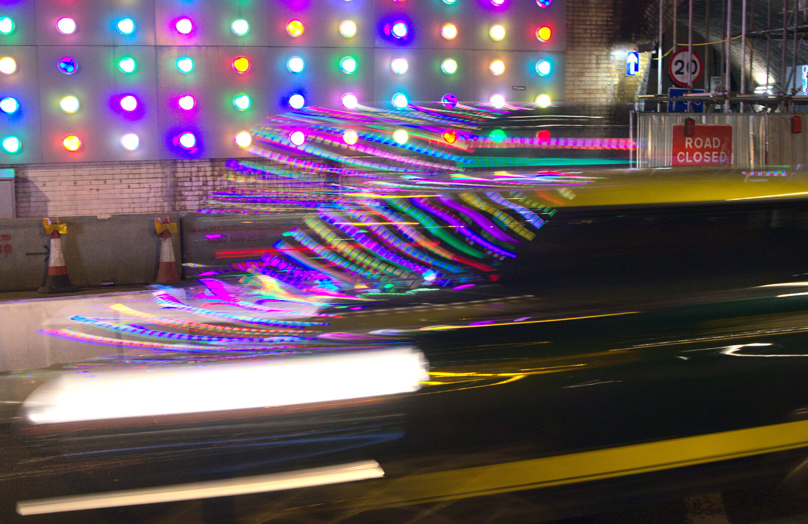 The lights of 'Smartie Bridge' reflect in a car from SwiftKey Innovation Week, Southwark Bridge Road, London - 7th October 2015