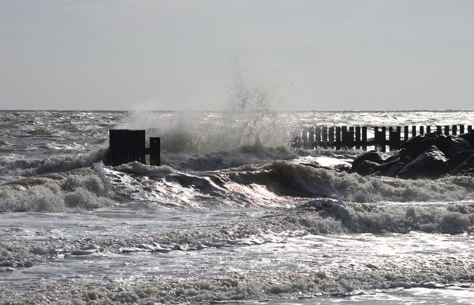 Waves smash in to the groyne from A DC3 Quiz and the Alfred Corry, Southwold, Suffolk, - 9th October 2015