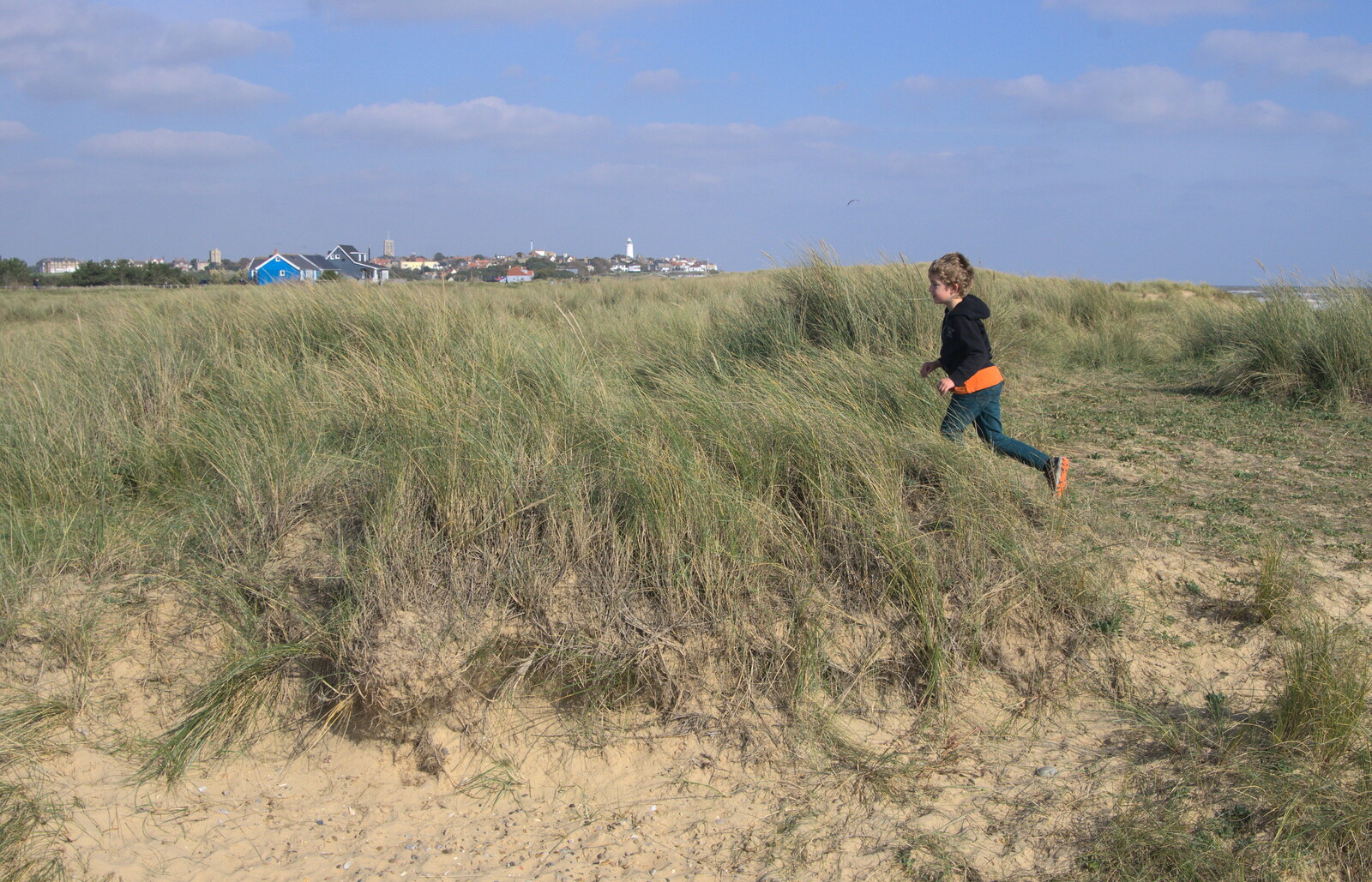 Fred runs amongst the dunes from A DC3 Quiz and the Alfred Corry, Southwold, Suffolk, - 9th October 2015