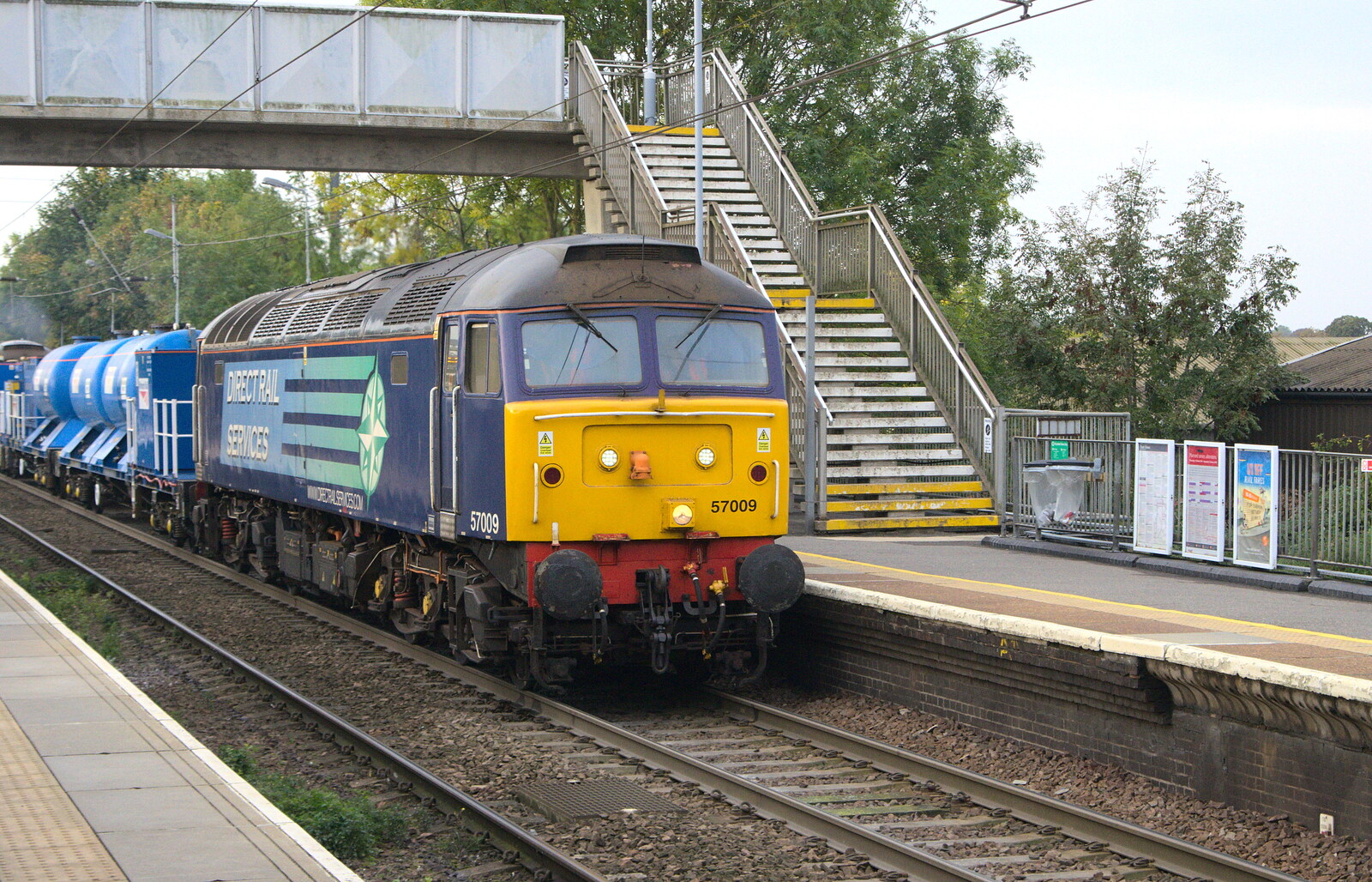 Class 57 57009 roars through Diss station from A DC3 Quiz and the Alfred Corry, Southwold, Suffolk, - 9th October 2015