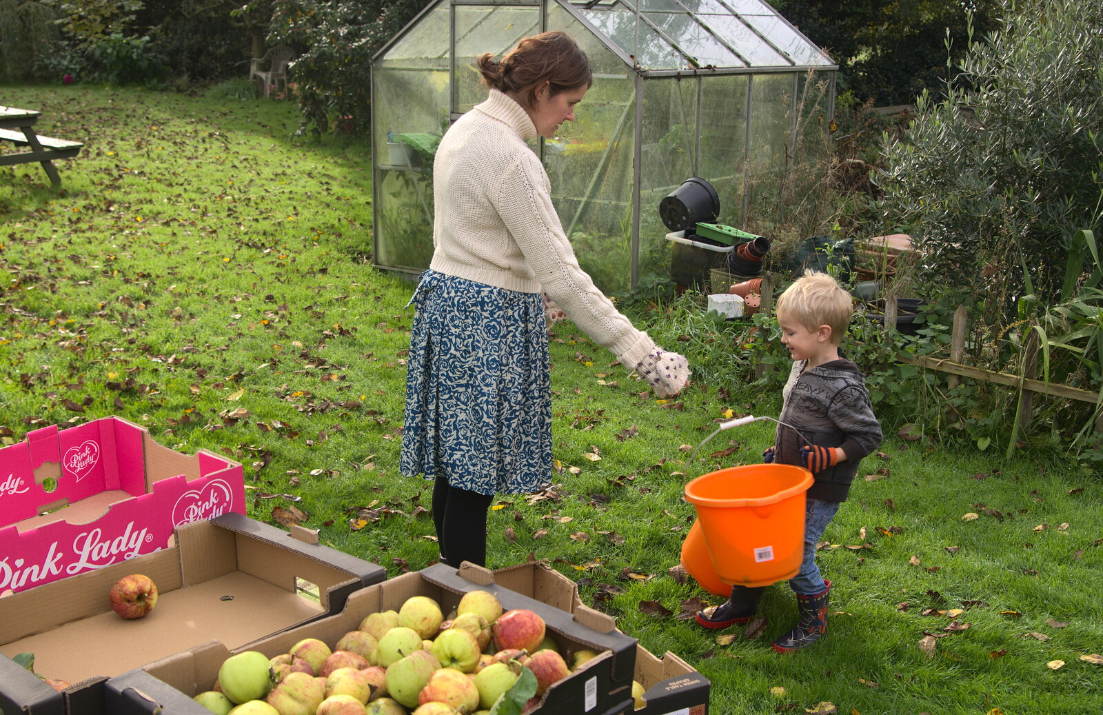 Harry helps with buckets from Apple Picking and The BBs at Framingham Earl, Norfolk - 25th October 2015