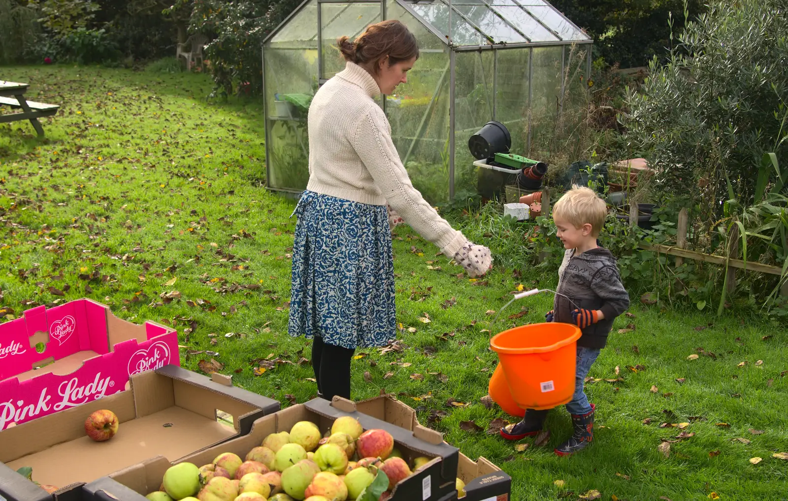 Harry helps with buckets, from Apple Picking and The BBs at Framingham Earl, Norfolk - 25th October 2015