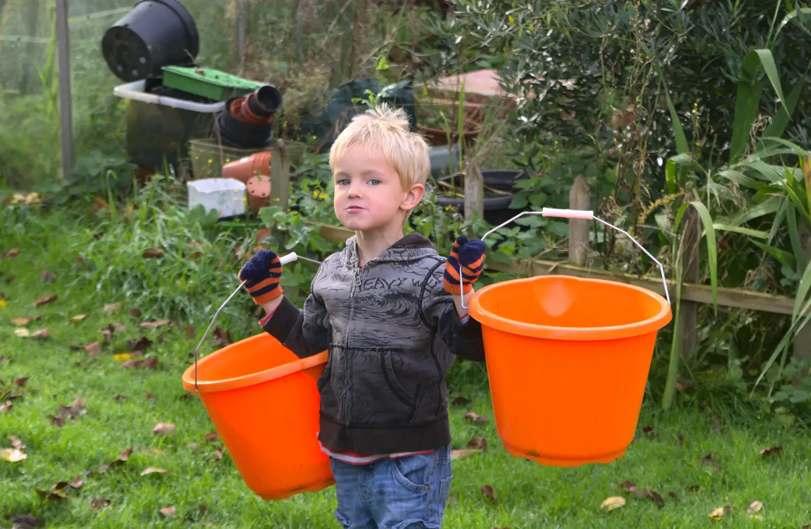 Harry's got a couple of buckets, from Apple Picking and The BBs at Framingham Earl, Norfolk - 25th October 2015