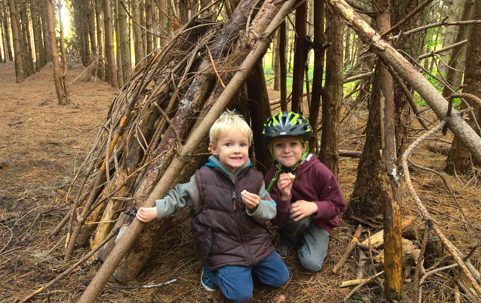 Harry and Fred test their den out, from A Day at High Lodge, Brandon Forest, Suffolk - 26th October 2015