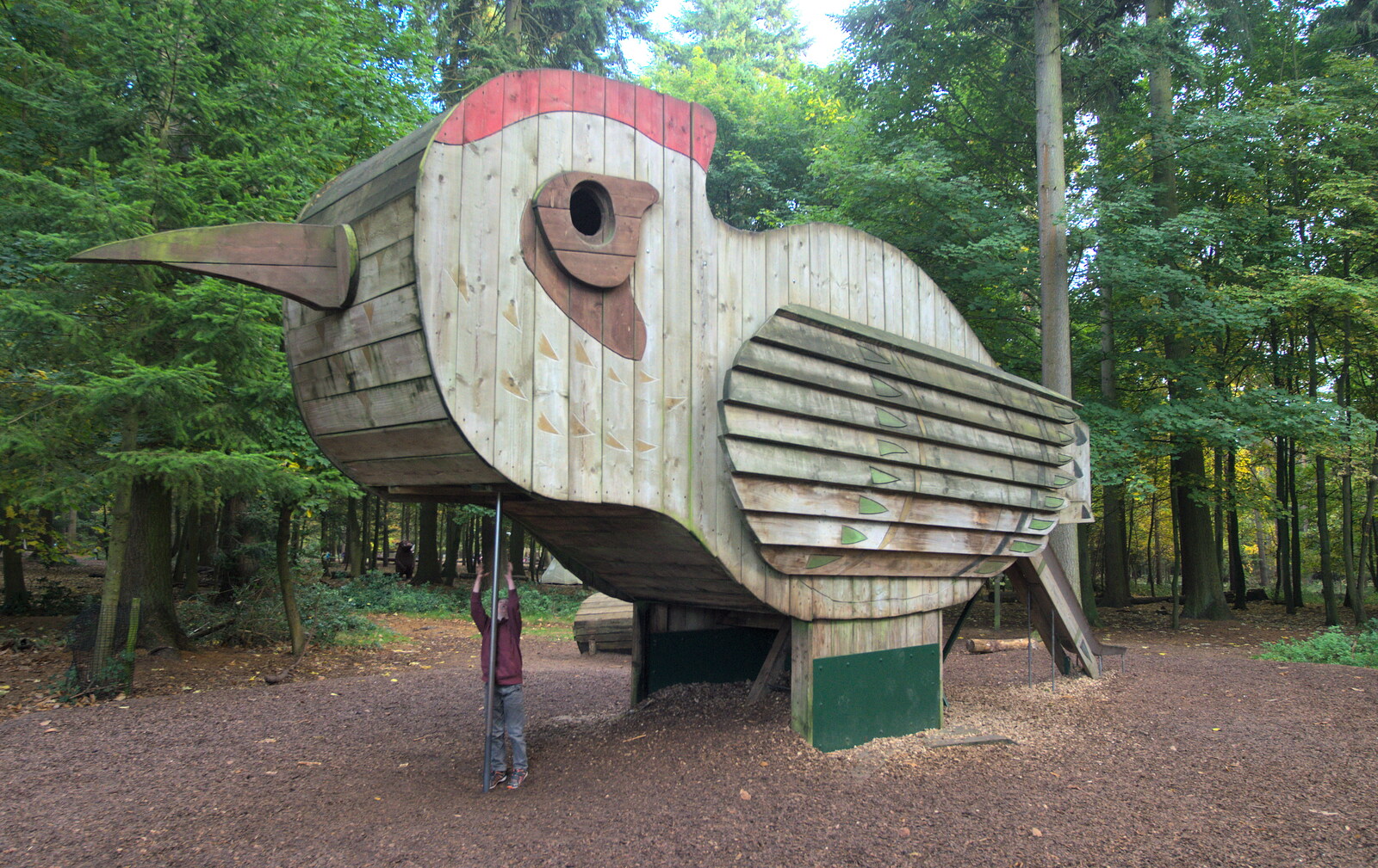 The boys play in a giant woodpecker from A Day at High Lodge, Brandon Forest, Suffolk - 26th October 2015