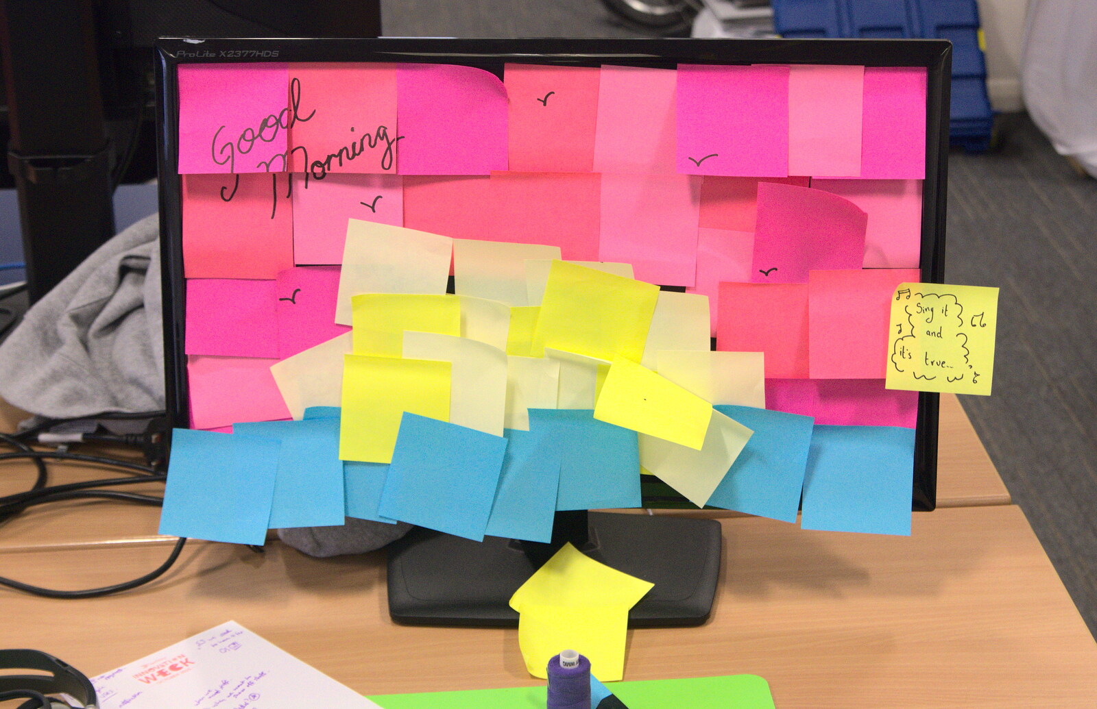A monitor at work is covered in Post-it notes from Abbey Gardens in Autumn, Bury St. Edmunds, Suffolk - 27th October 2015