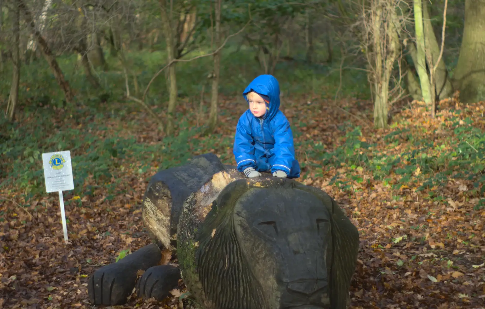 Harry climbs on the lion, from Hot-tub Penthouse, Thornham Walks, and Building, London and Suffolk - 12th November 2015