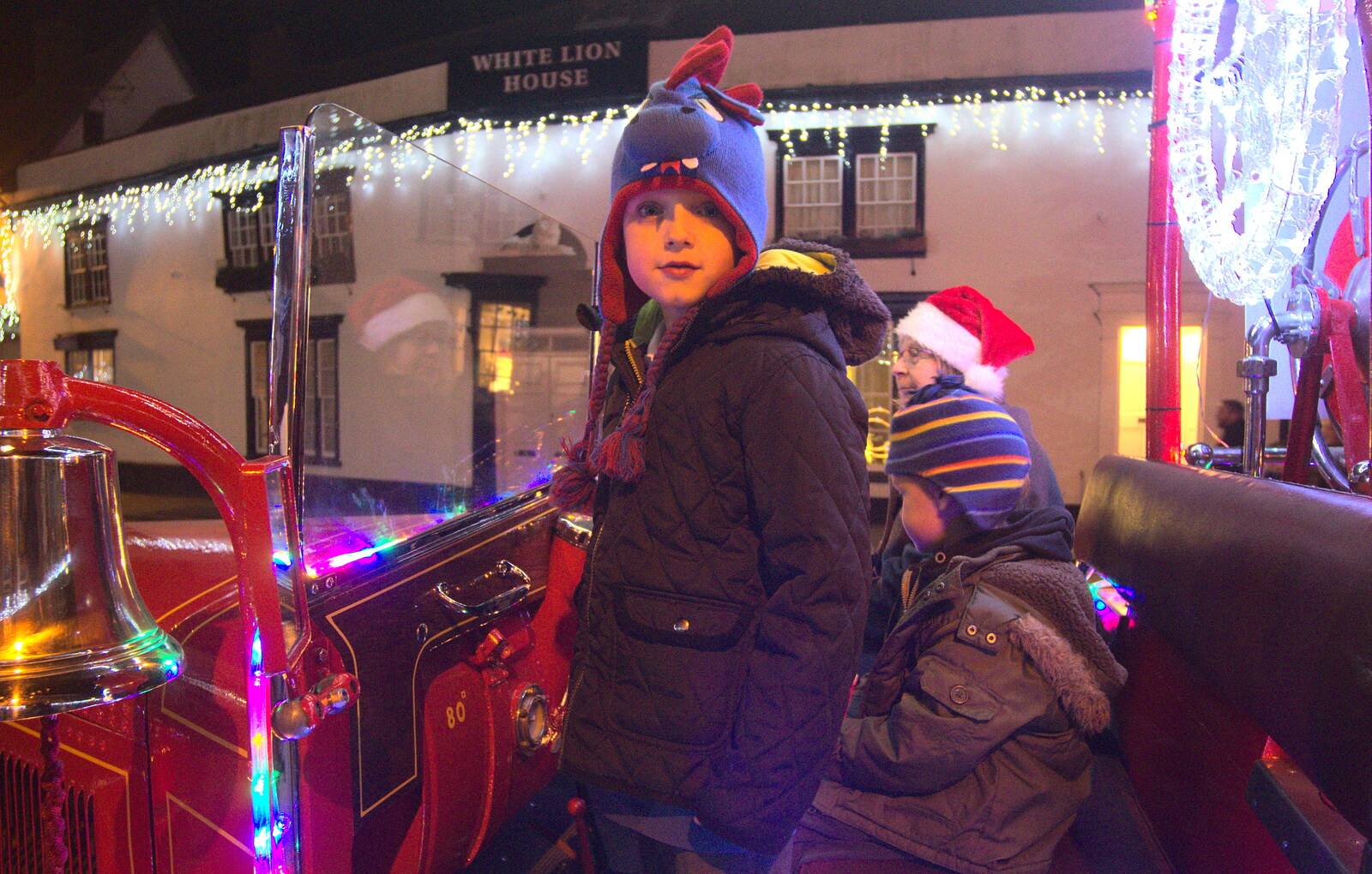 Fred and Harry on the fire engine from The Eye Christmas Lights, and a Trip to Norwich, Norfolk - 4th December 2015