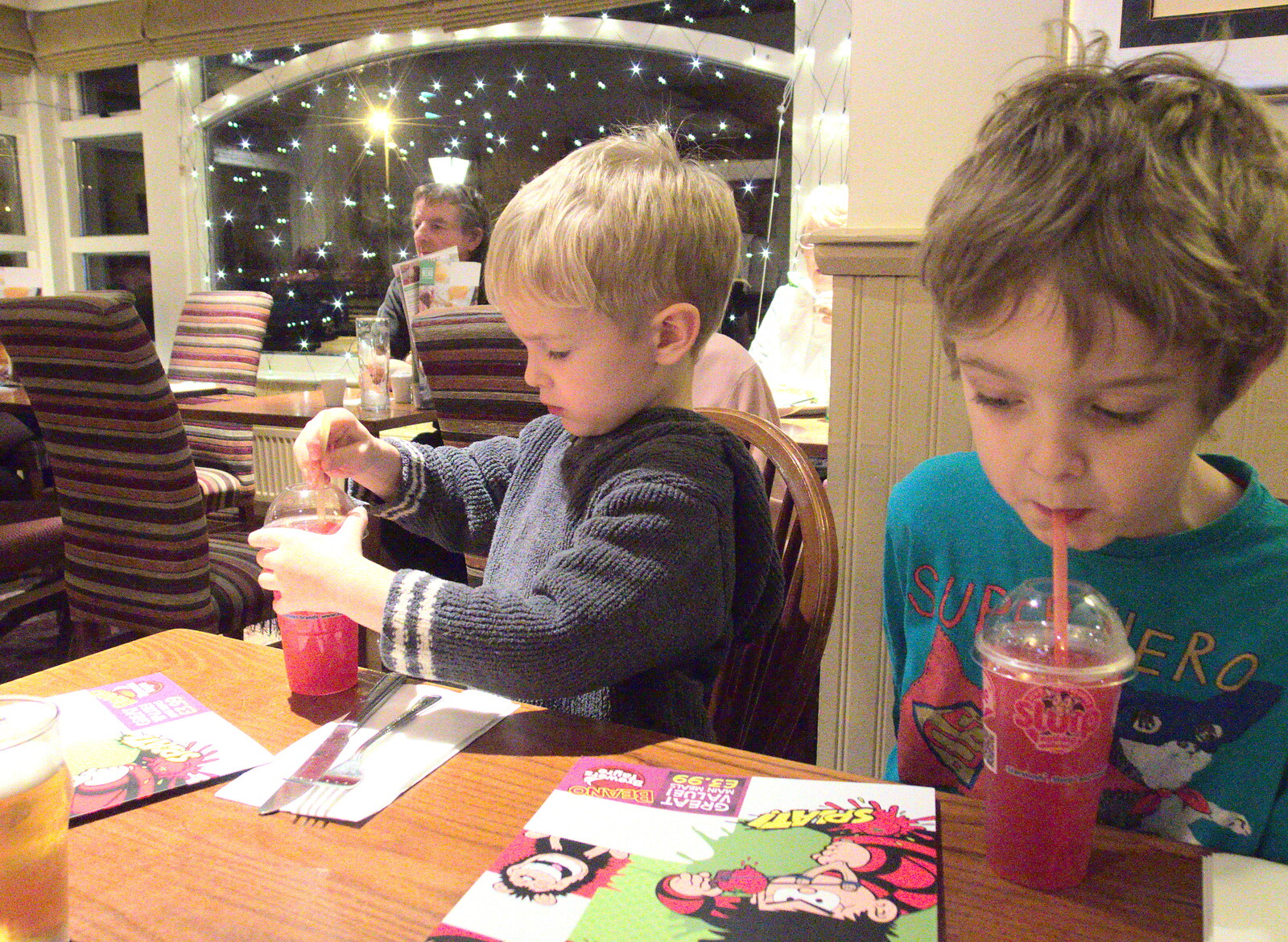 The boys slurp on slushies from A Party and a Road Trip to Chester, Suffolk and Cheshire - 20th December 2015