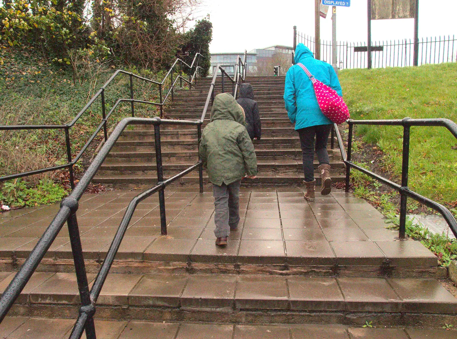 We trundle up some wet stairs into Chester, from A Party and a Road Trip to Chester, Suffolk and Cheshire - 20th December 2015