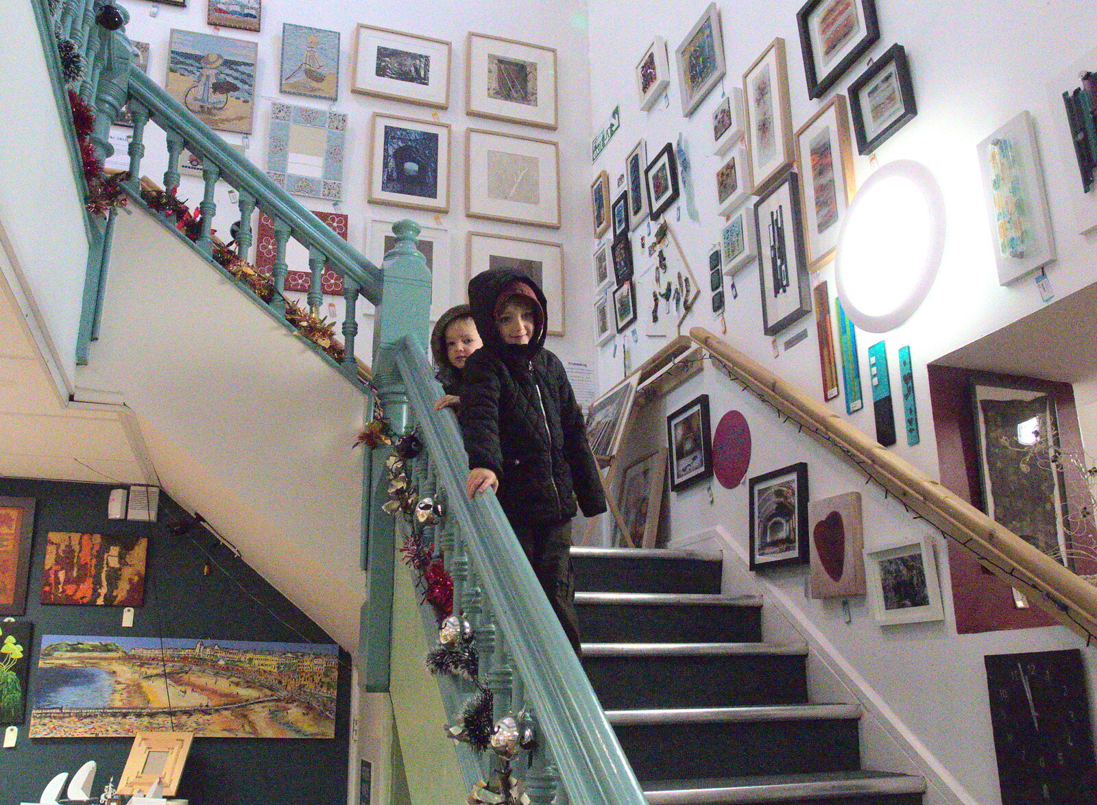 Harry and Fred come down the stairs from A Party and a Road Trip to Chester, Suffolk and Cheshire - 20th December 2015