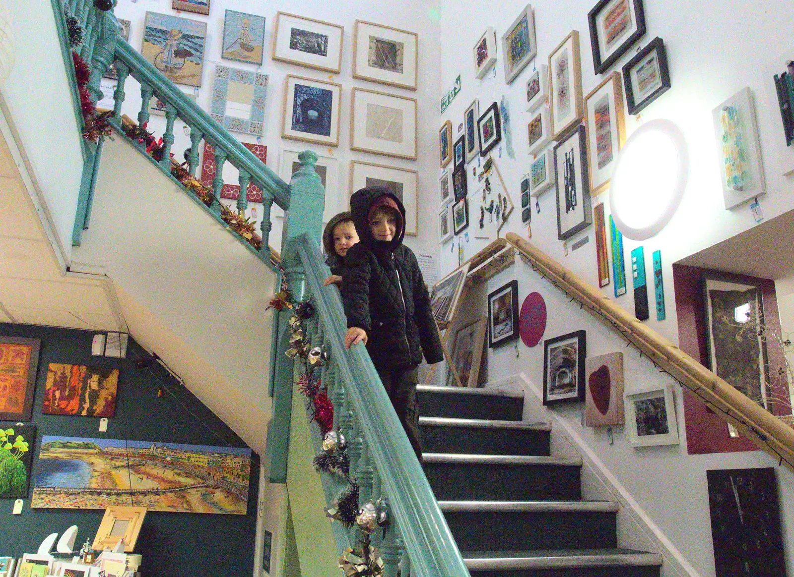 Harry and Fred come down the stairs, from A Party and a Road Trip to Chester, Suffolk and Cheshire - 20th December 2015