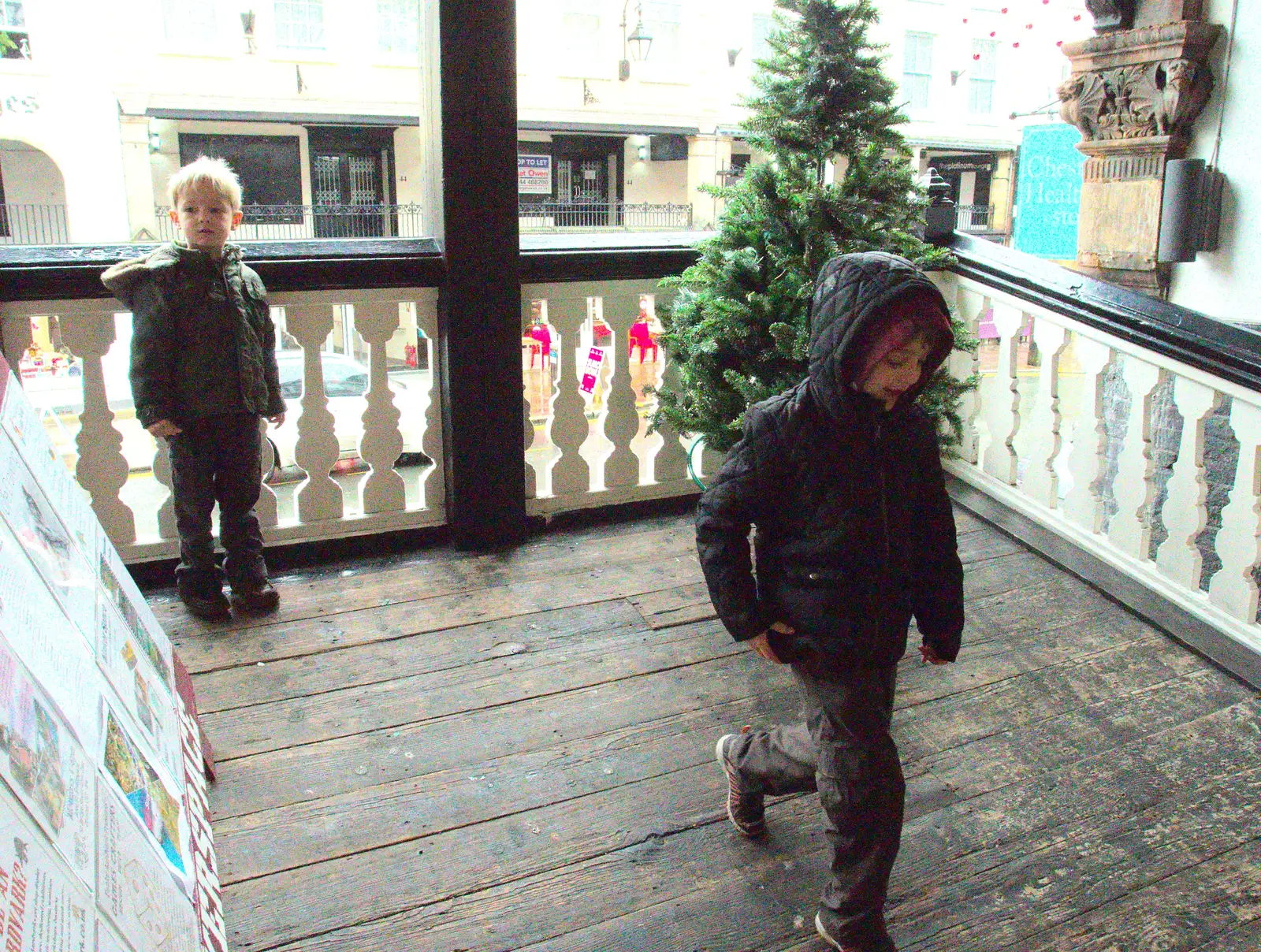 Up above street level, the boys run around, from A Party and a Road Trip to Chester, Suffolk and Cheshire - 20th December 2015