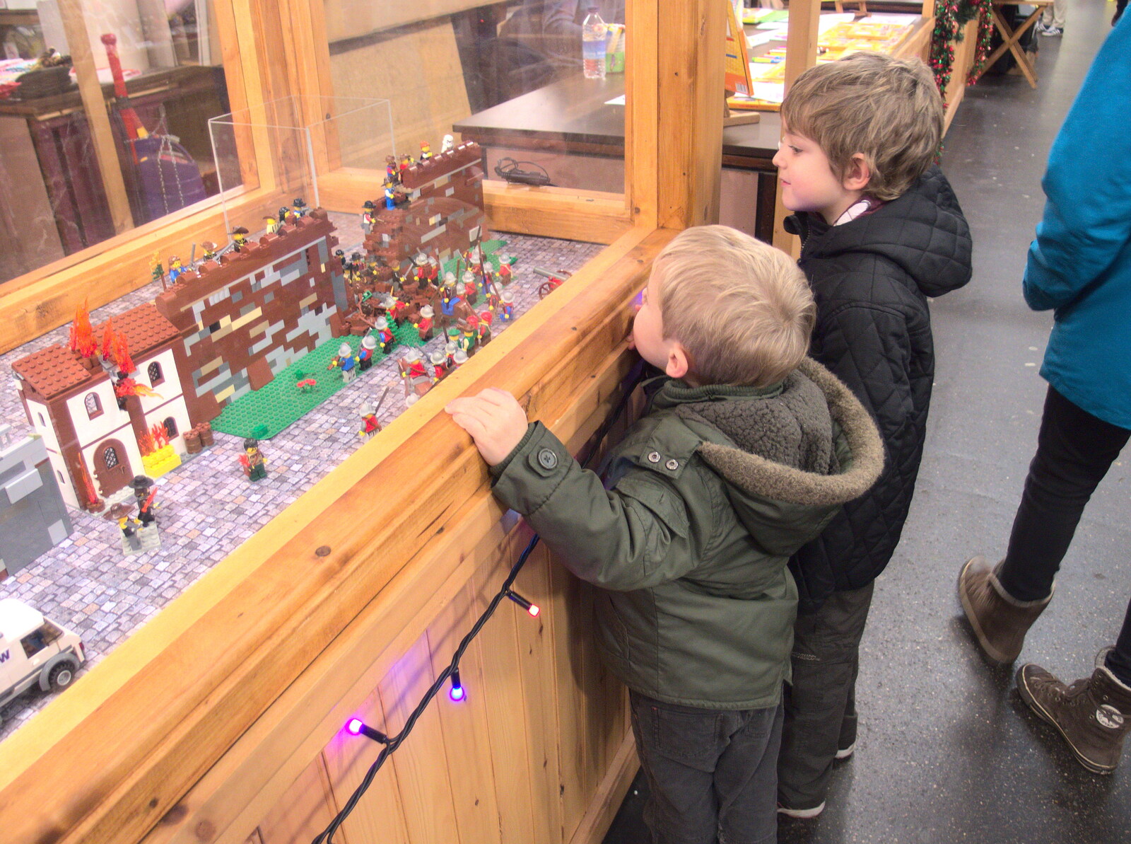 Harry and Fred look at a Lego frieze of Chester from A Party and a Road Trip to Chester, Suffolk and Cheshire - 20th December 2015