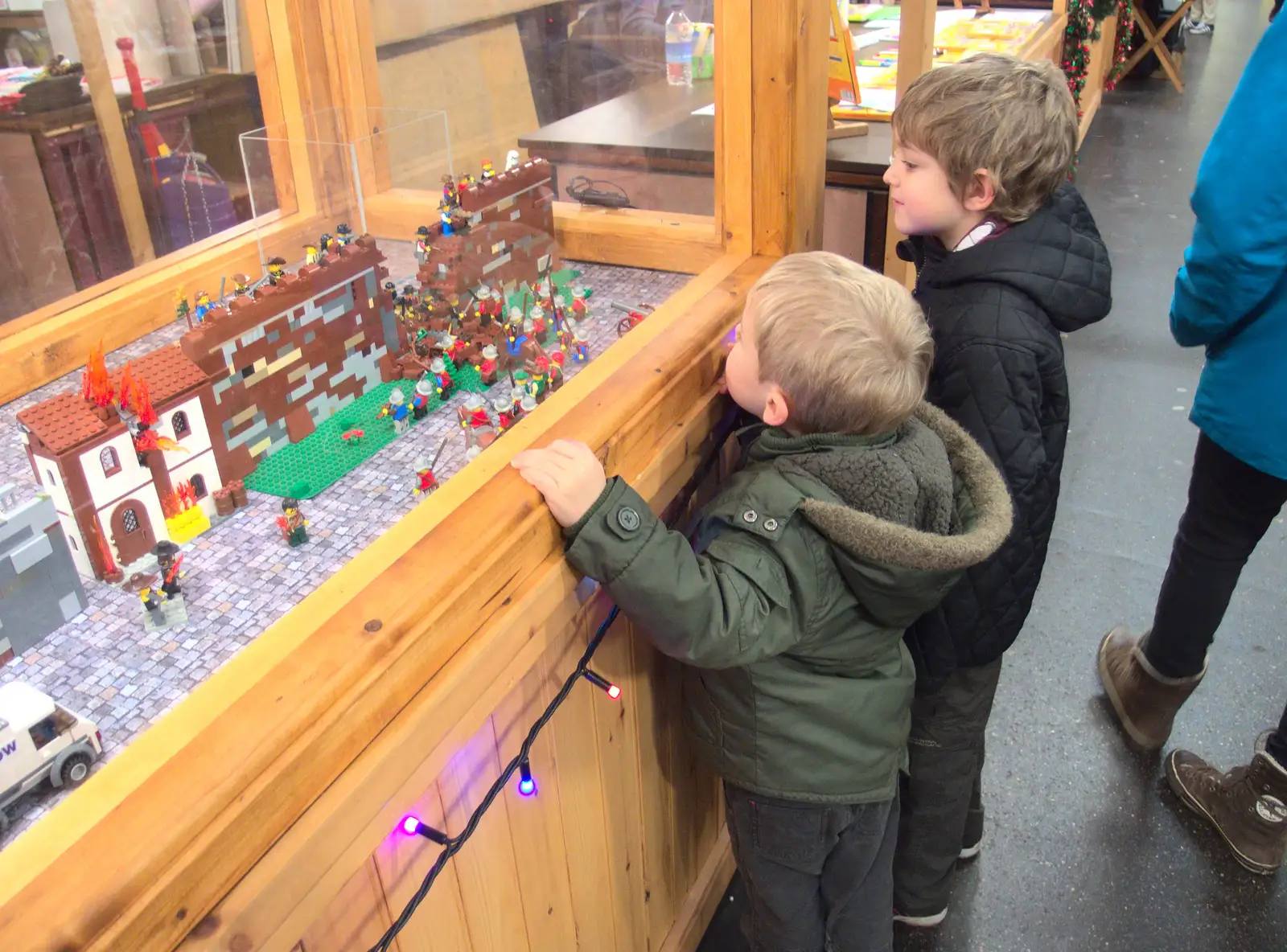 Harry and Fred look at a Lego frieze of Chester, from A Party and a Road Trip to Chester, Suffolk and Cheshire - 20th December 2015