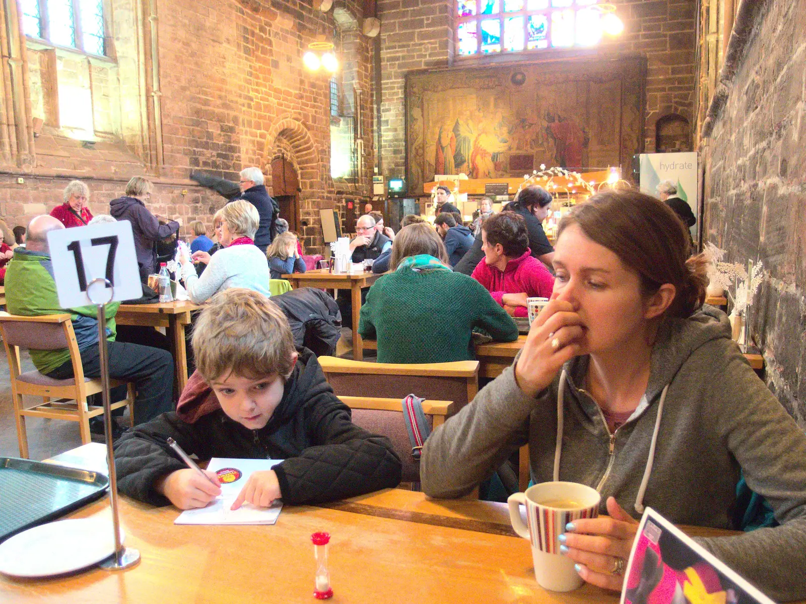 Fred and Isobel in the Refectory, from A Party and a Road Trip to Chester, Suffolk and Cheshire - 20th December 2015