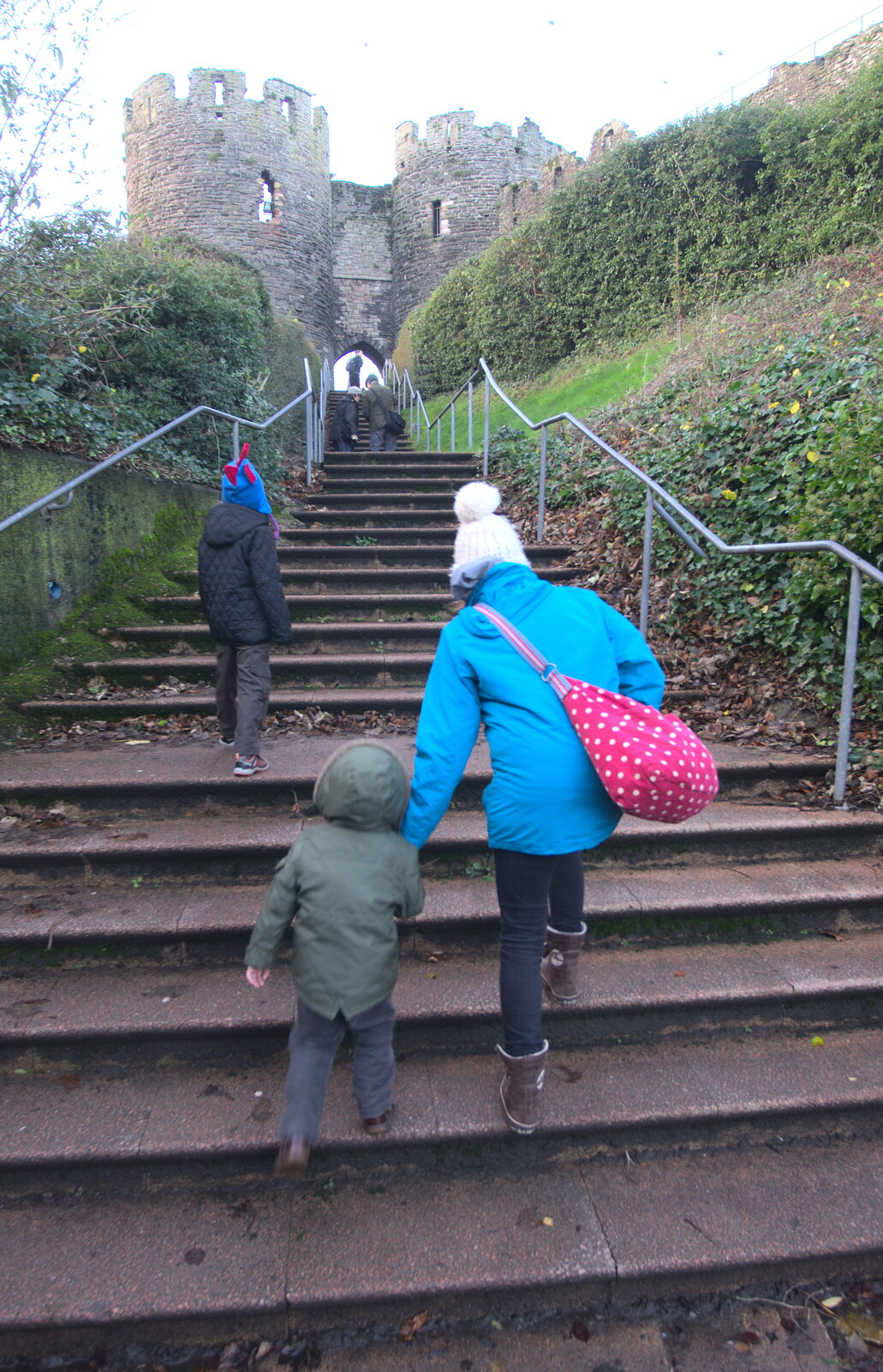 Climbing the steps to the castle and town from Conwy, Holyhead and the Ferry to Ireland - 21st December 2015