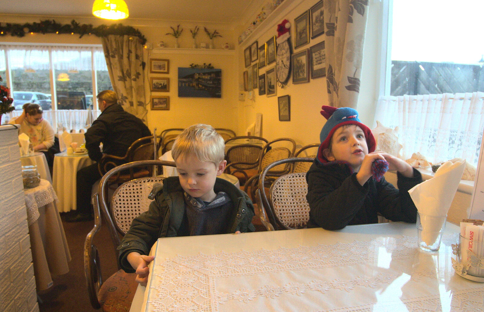 Harry and Fred in the café near the castle from Conwy, Holyhead and the Ferry to Ireland - 21st December 2015